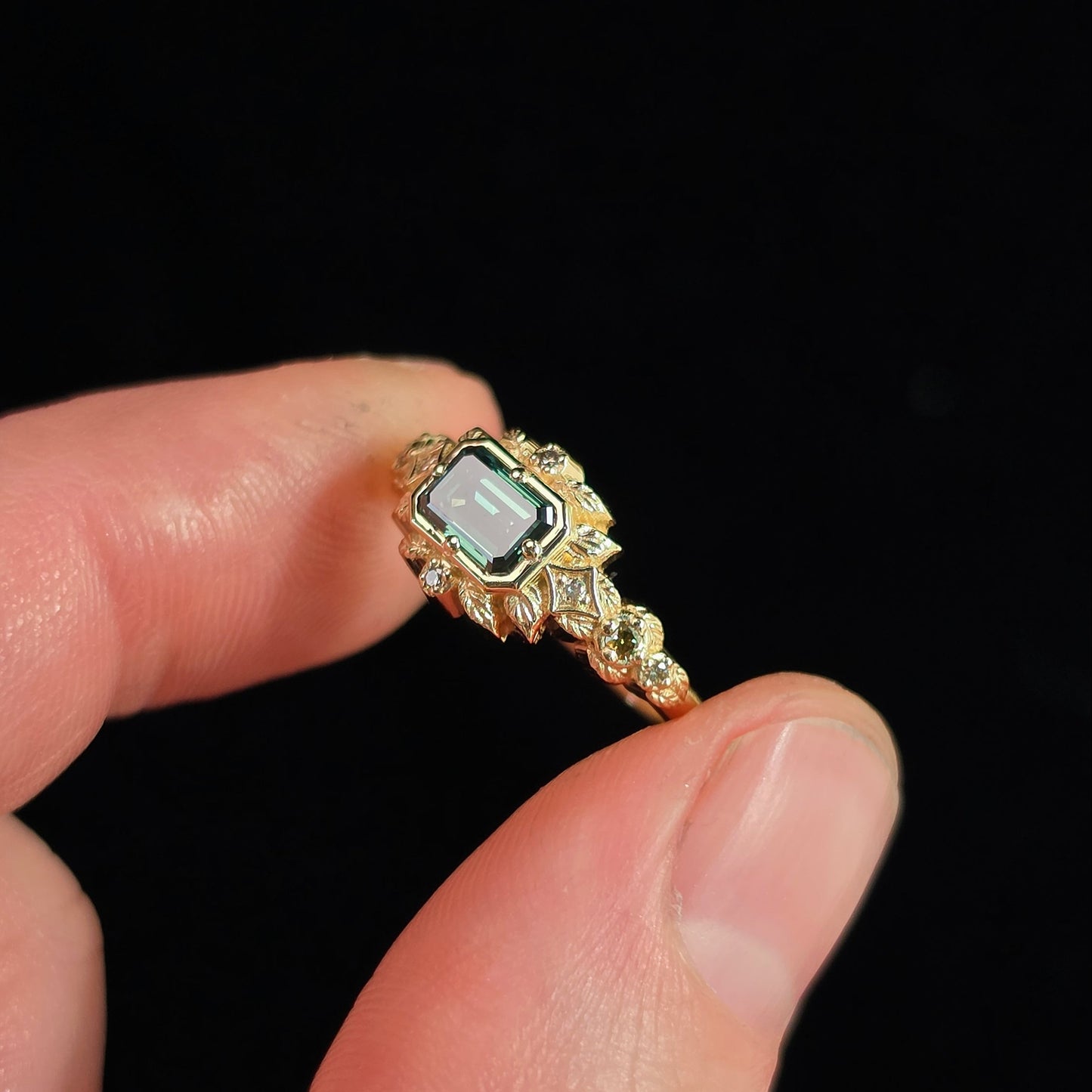 Ready to Ship Size 4 - 6 Florence Emerald Cut Green Diamond Leaf Ring