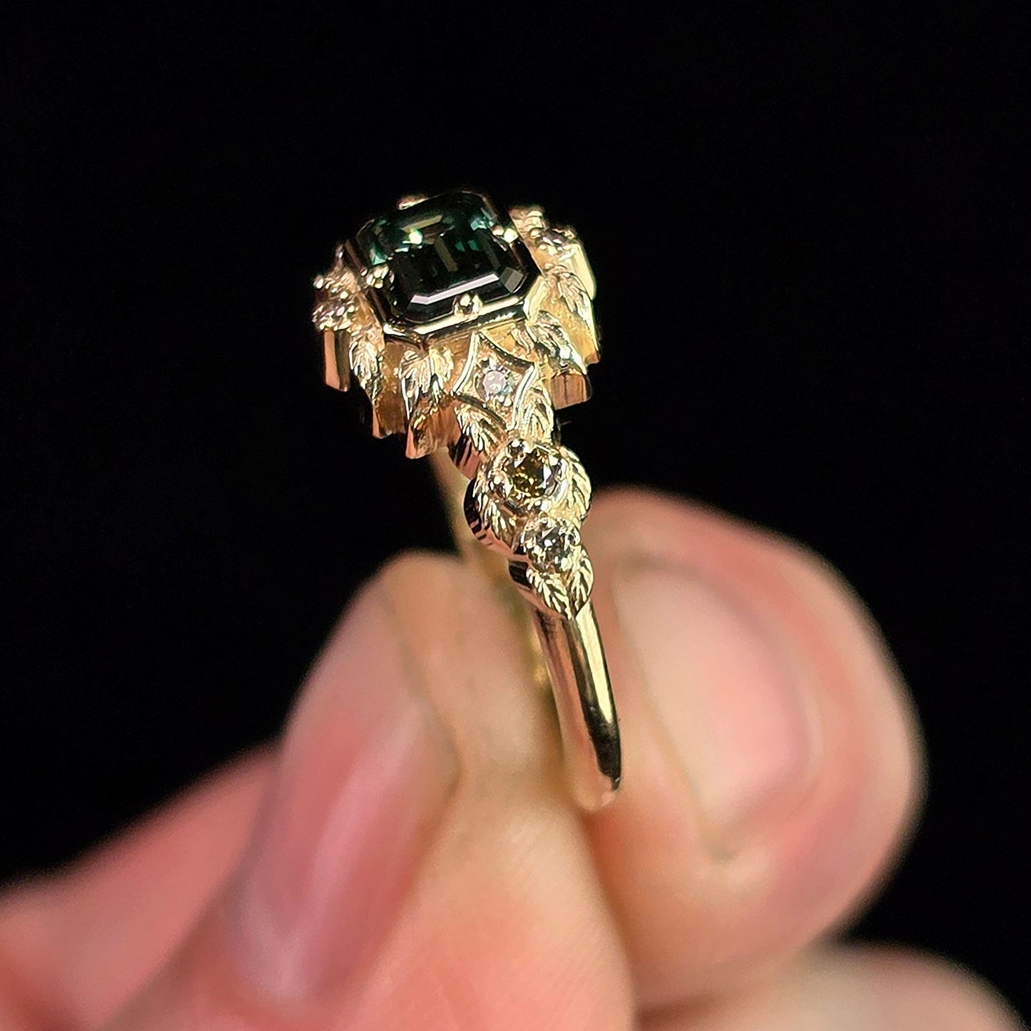 Ready to Ship Size 4 - 6 Florence Emerald Cut Green Diamond Leaf Ring