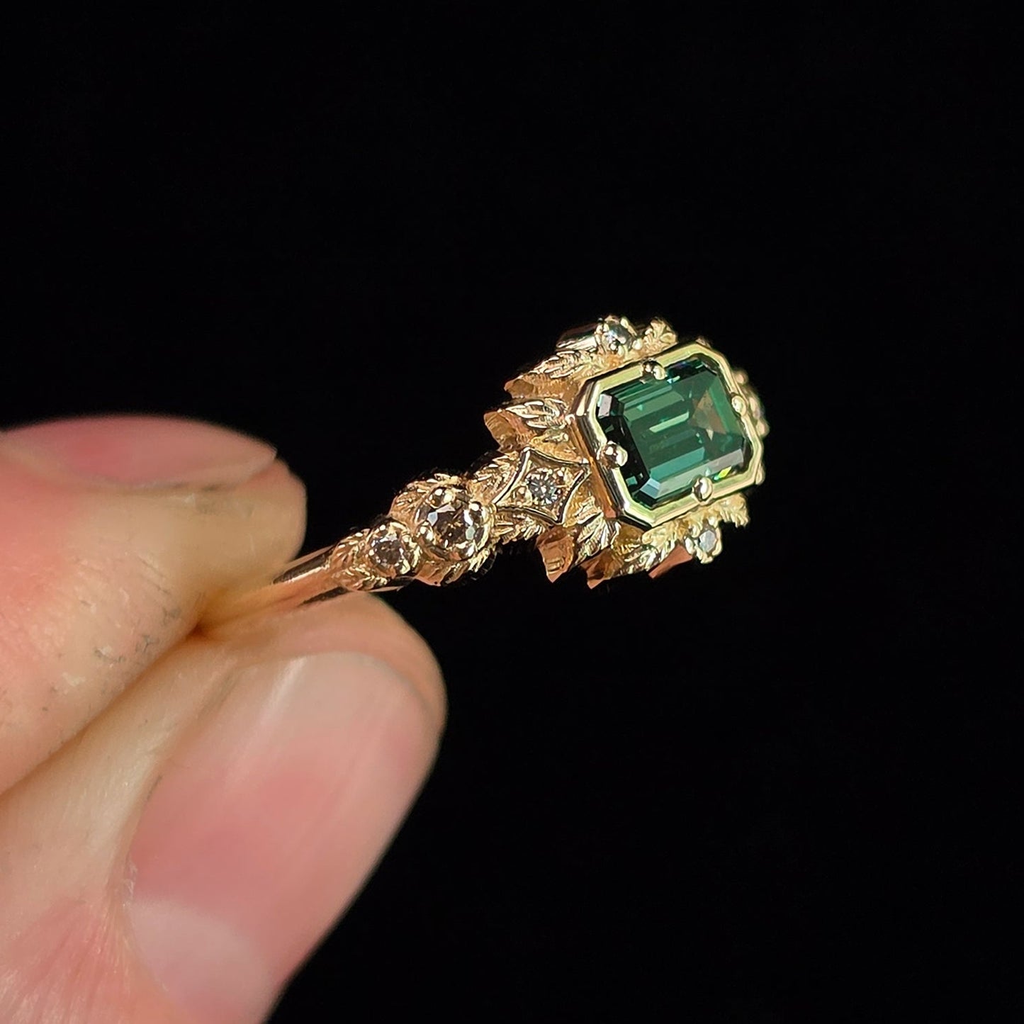 Ready to Ship Size 4 - 6 Florence Emerald Cut Green Diamond Leaf Ring