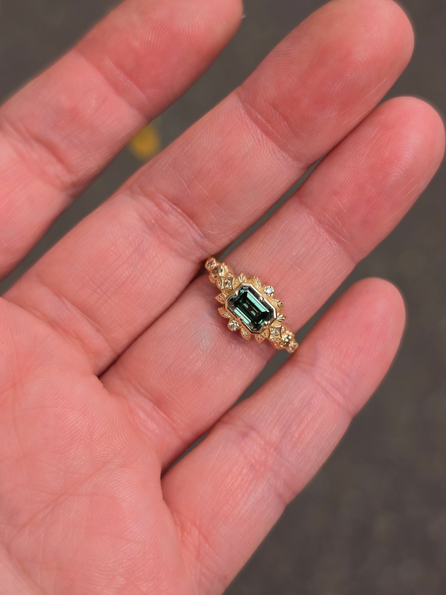 Ready to Ship Size 4 - 6 Florence Emerald Cut Green Diamond Leaf Ring