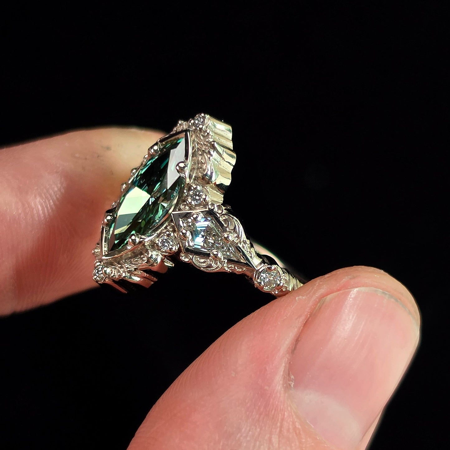 Ready to Ship Size 6-8 - Odessa Art Deco Engagement Ring with Green Marquise Diamond and Kite Side Stones - 14k Palladium White Gold