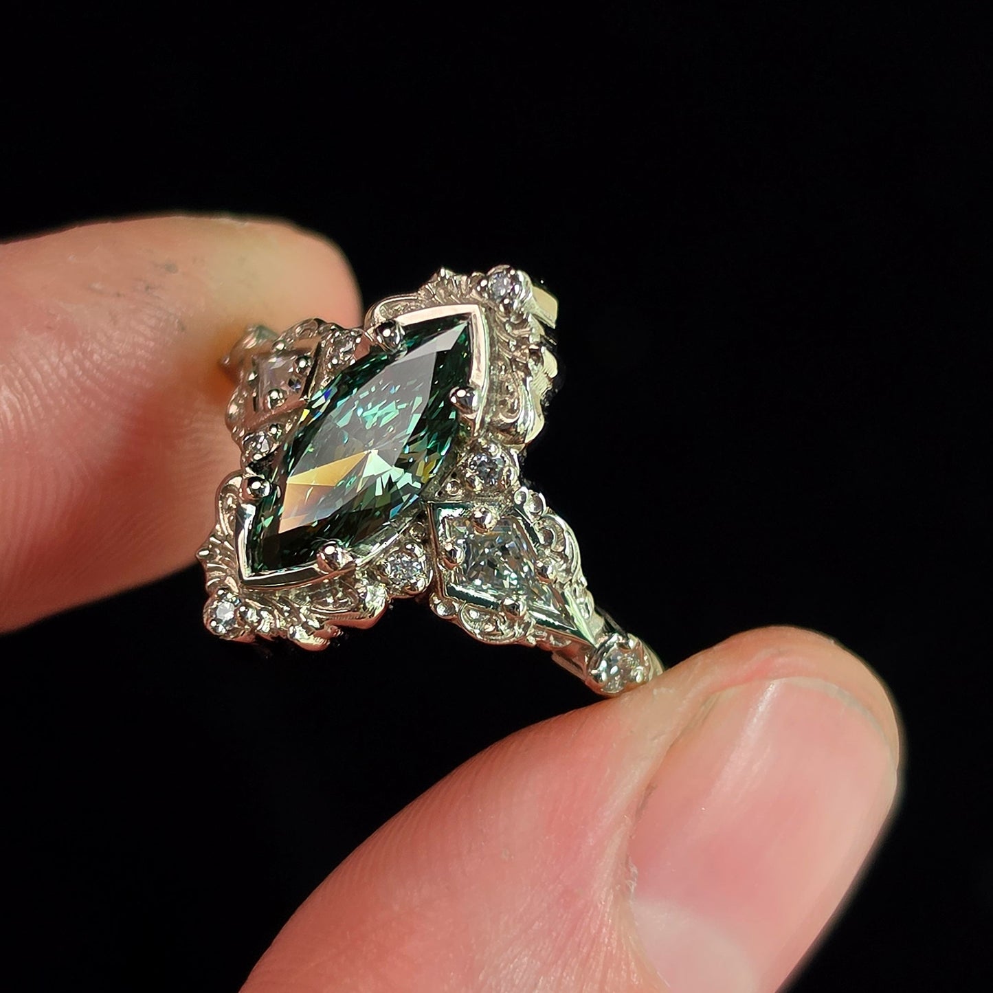 Ready to Ship Size 6-8 - Odessa Art Deco Engagement Ring with Green Marquise Diamond and Kite Side Stones - 14k Palladium White Gold