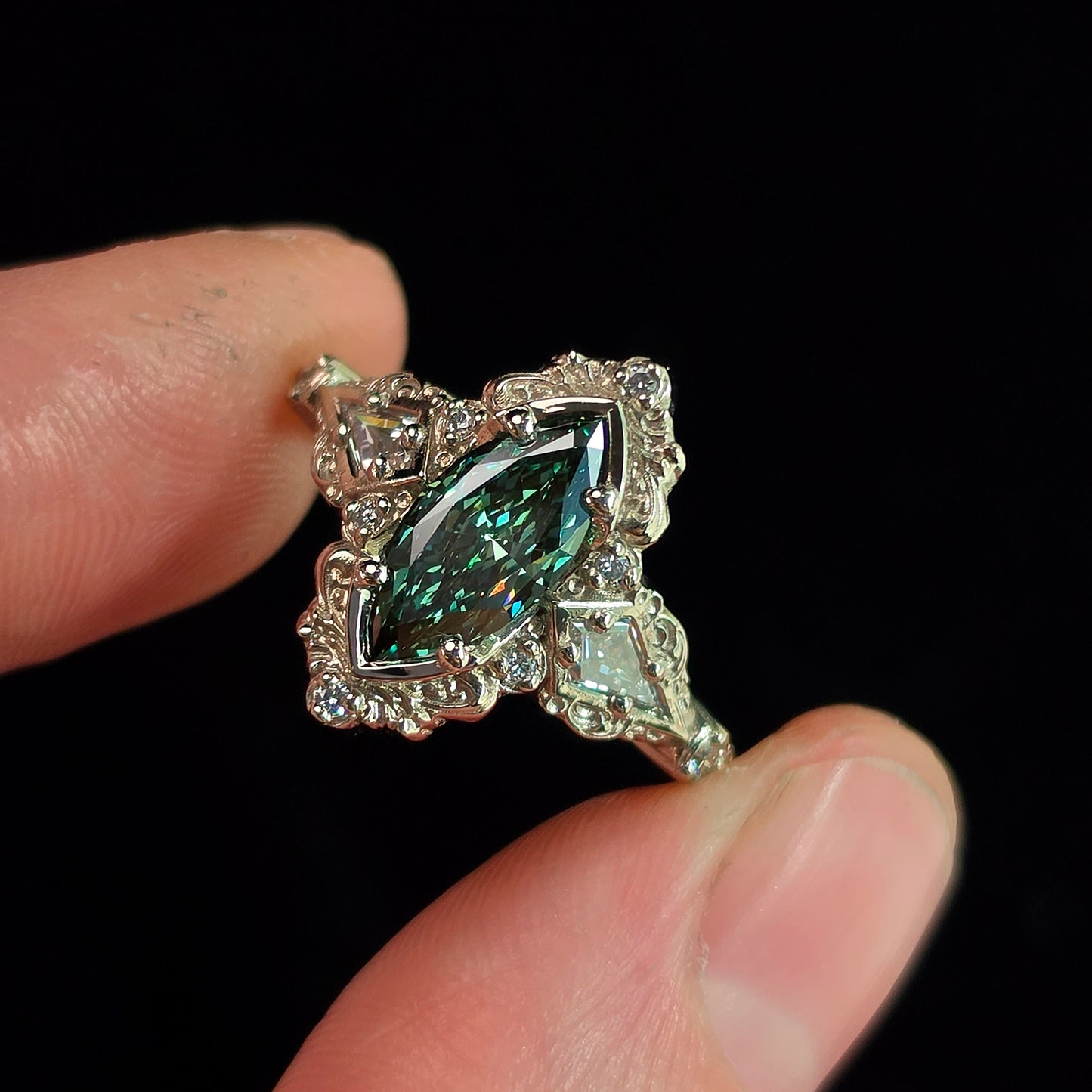 Ready to Ship Size 6-8 - Odessa Art Deco Engagement Ring with Green Marquise Diamond and Kite Side Stones - 14k Palladium White Gold