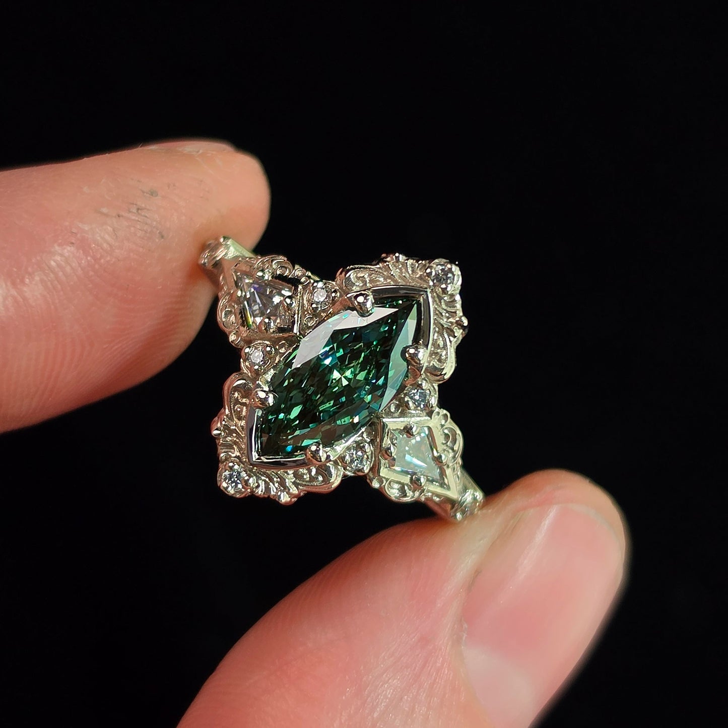 Ready to Ship Size 6-8 - Odessa Art Deco Engagement Ring with Green Marquise Diamond and Kite Side Stones - 14k Palladium White Gold