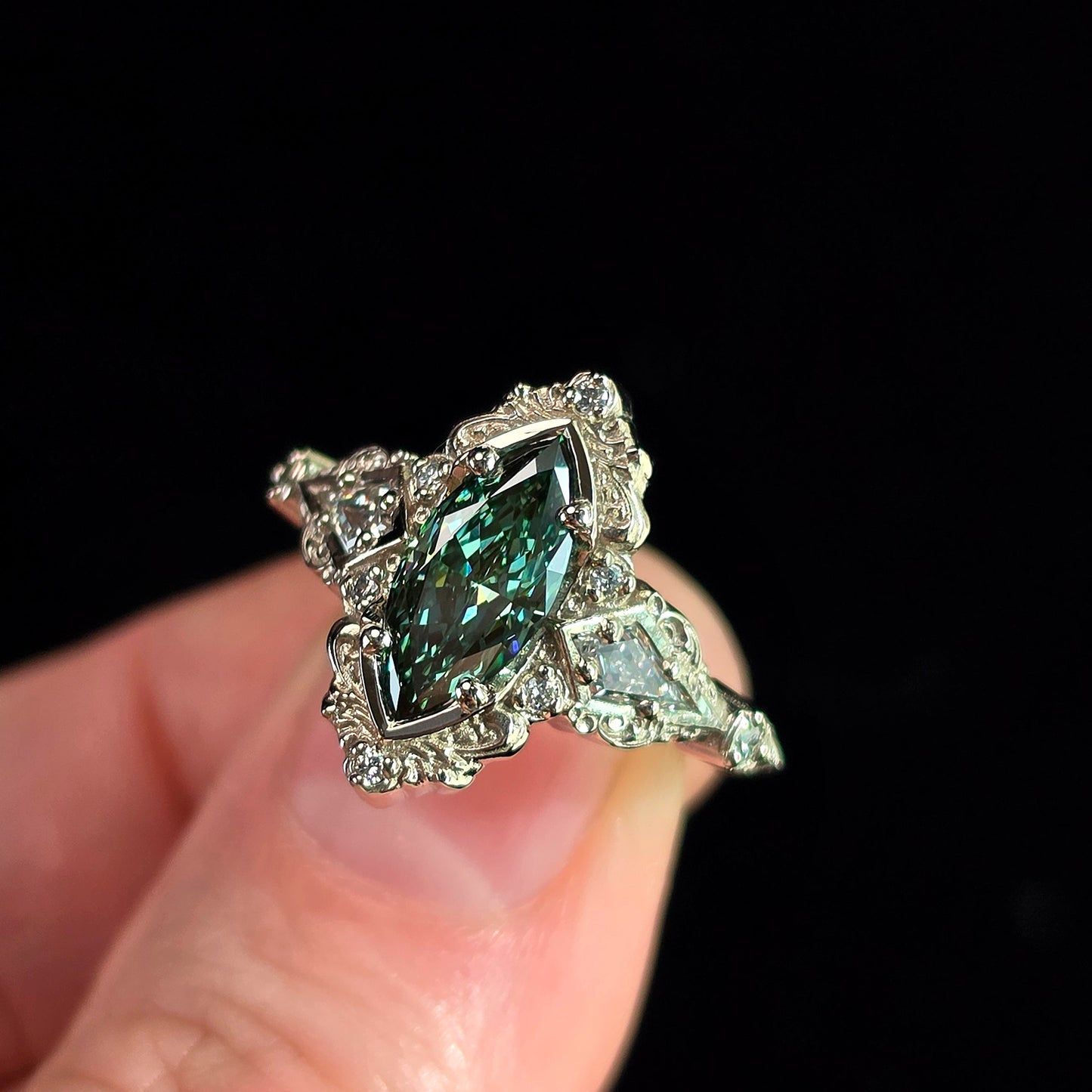 Ready to Ship Size 6-8 - Odessa Art Deco Engagement Ring with Green Marquise Diamond and Kite Side Stones - 14k Palladium White Gold
