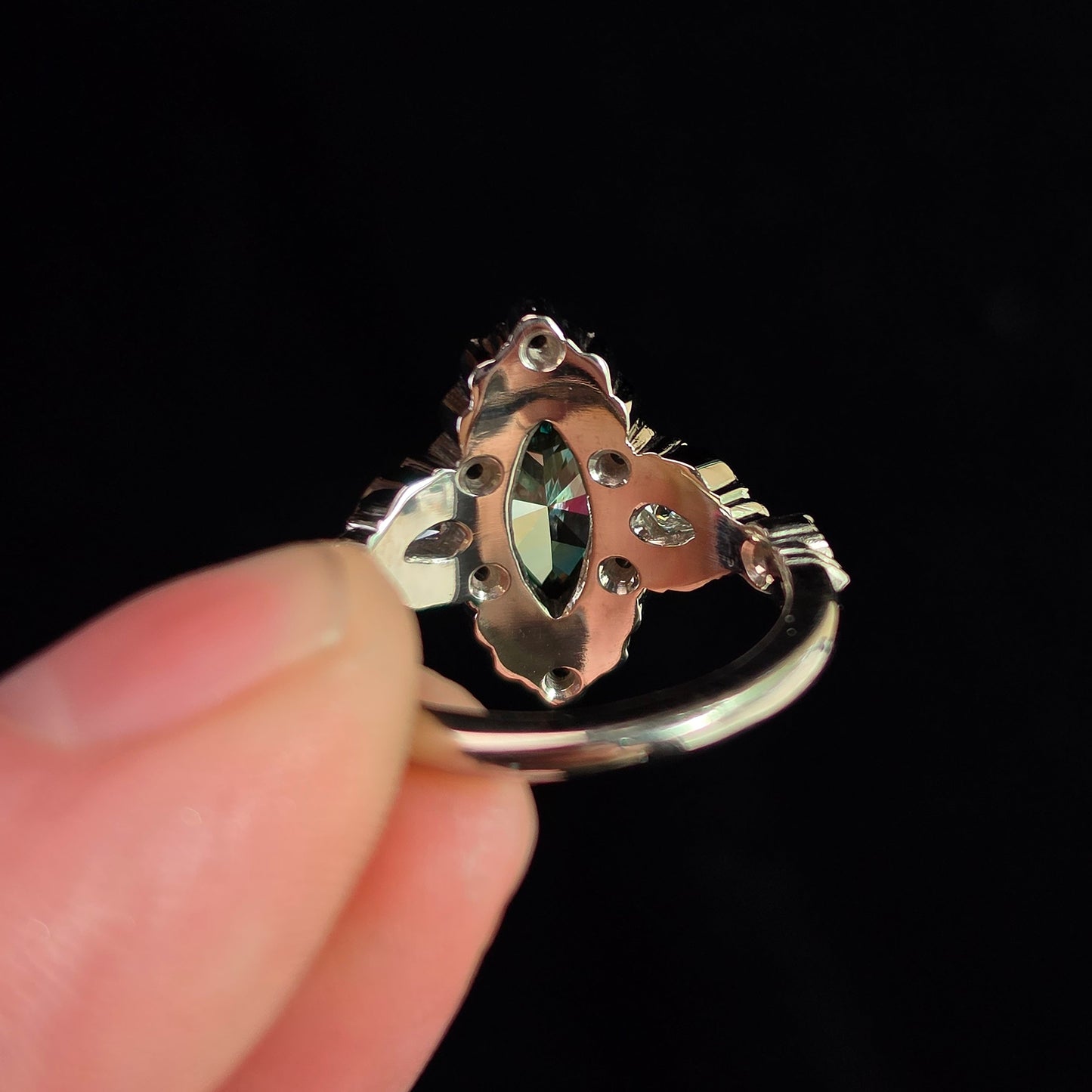 Ready to Ship Size 6-8 - Odessa Art Deco Engagement Ring with Green Marquise Diamond and Kite Side Stones - 14k Palladium White Gold