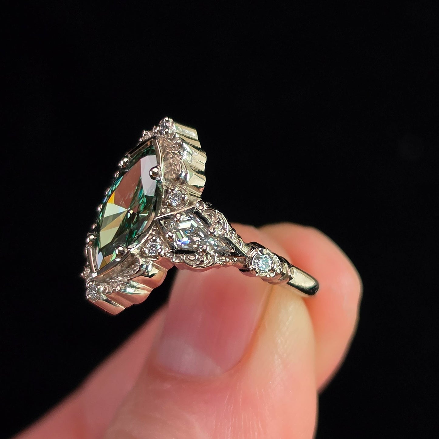 Ready to Ship Size 6-8 - Odessa Art Deco Engagement Ring with Green Marquise Diamond and Kite Side Stones - 14k Palladium White Gold
