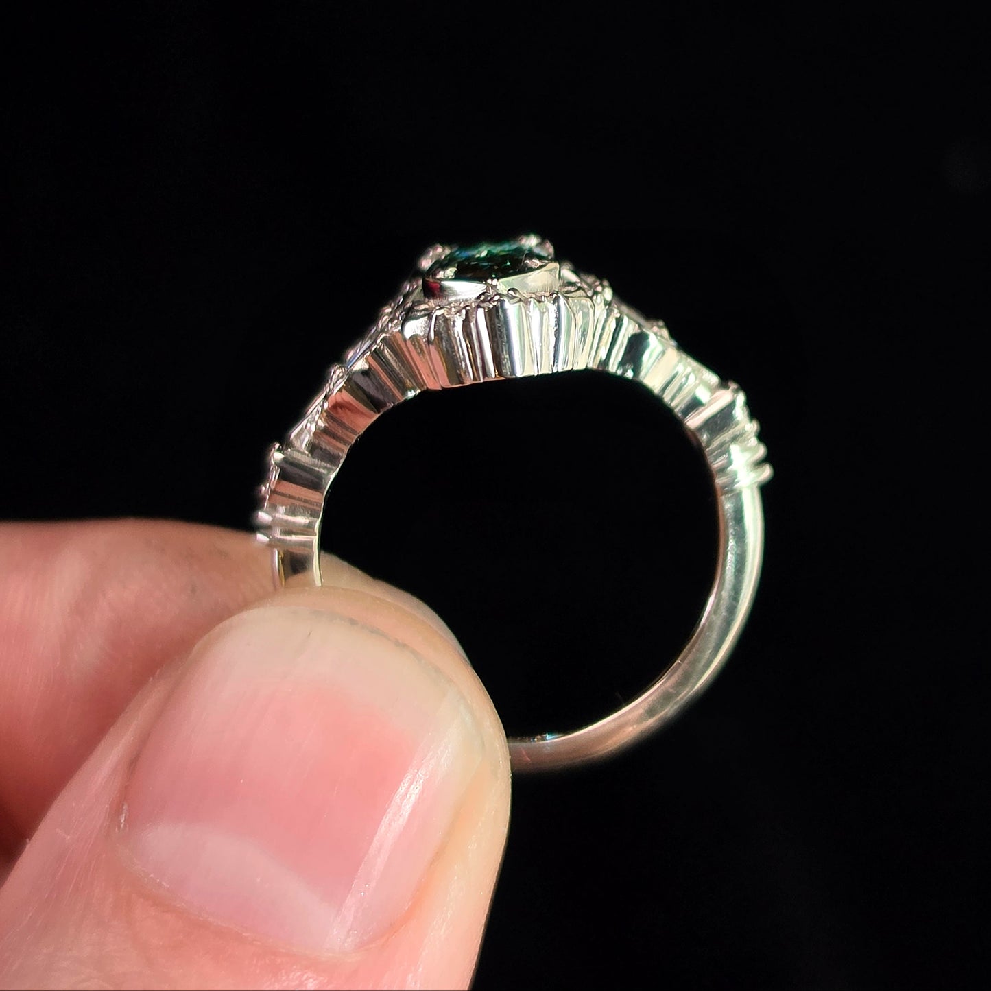 Ready to Ship Size 6-8 - Odessa Art Deco Engagement Ring with Green Marquise Diamond and Kite Side Stones - 14k Palladium White Gold