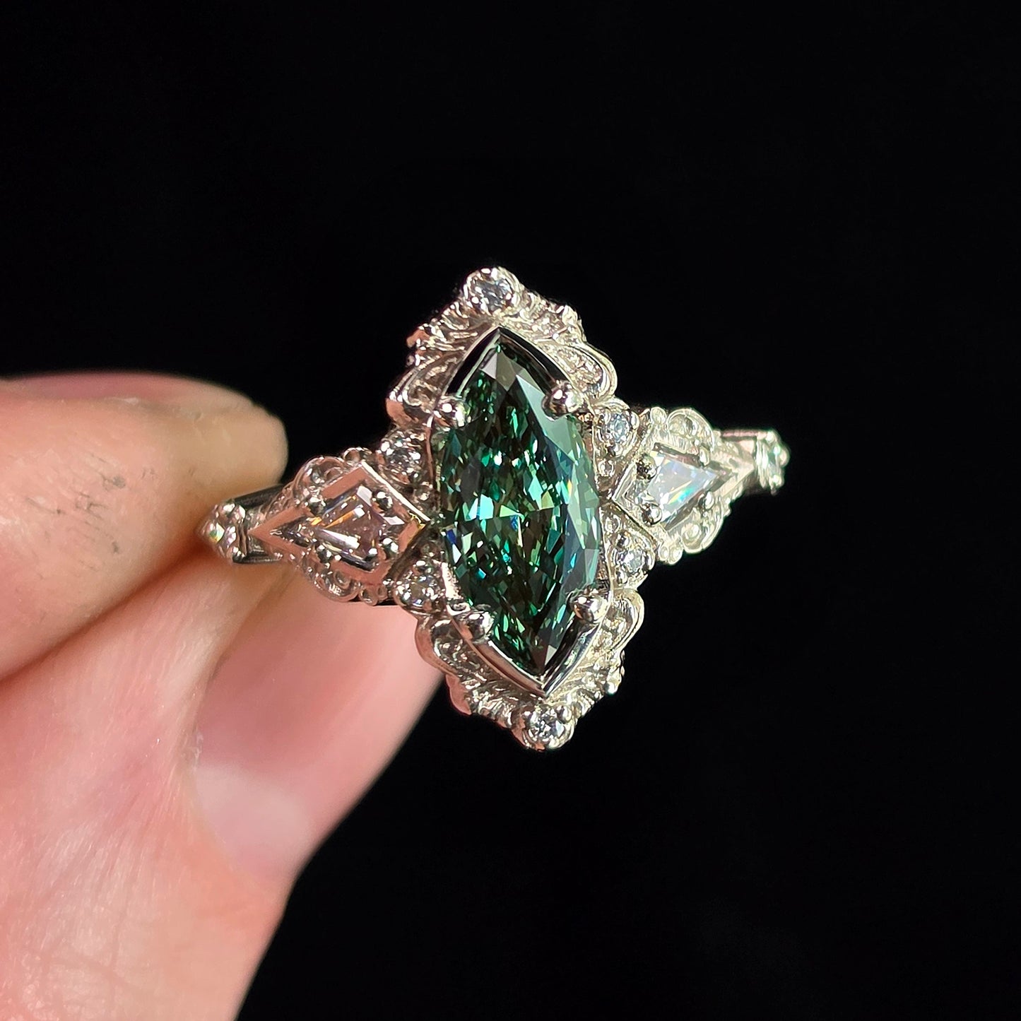 Ready to Ship Size 6-8 - Odessa Art Deco Engagement Ring with Green Marquise Diamond and Kite Side Stones - 14k Palladium White Gold