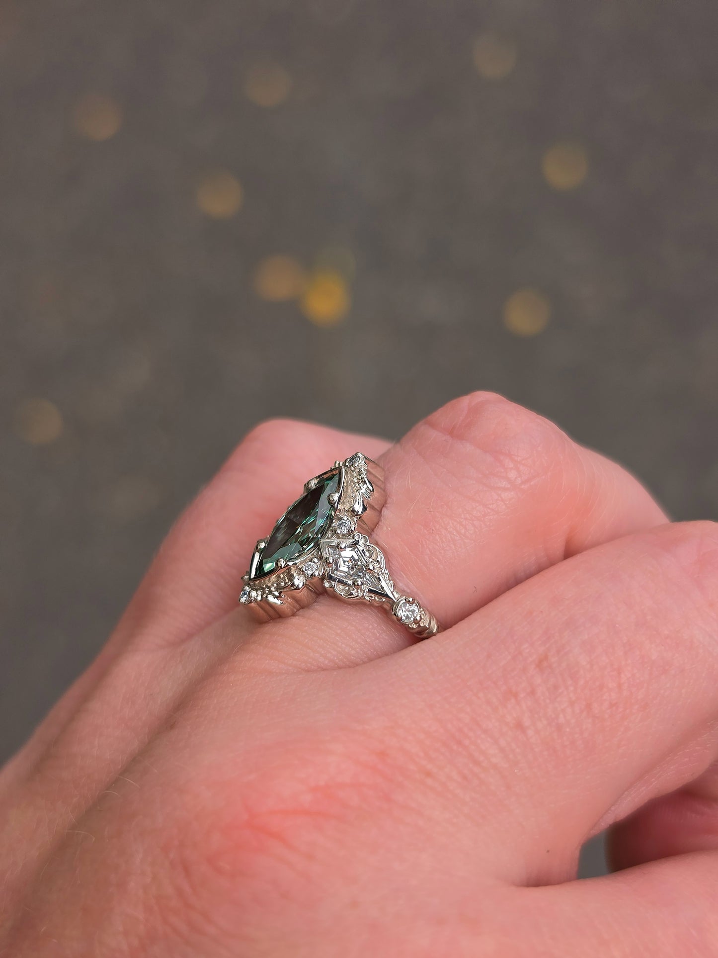 Ready to Ship Size 6-8 - Odessa Art Deco Engagement Ring with Green Marquise Diamond and Kite Side Stones - 14k Palladium White Gold
