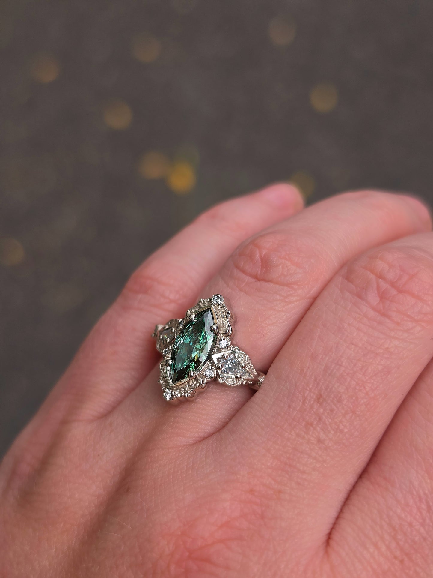 Ready to Ship Size 6-8 - Odessa Art Deco Engagement Ring with Green Marquise Diamond and Kite Side Stones - 14k Palladium White Gold