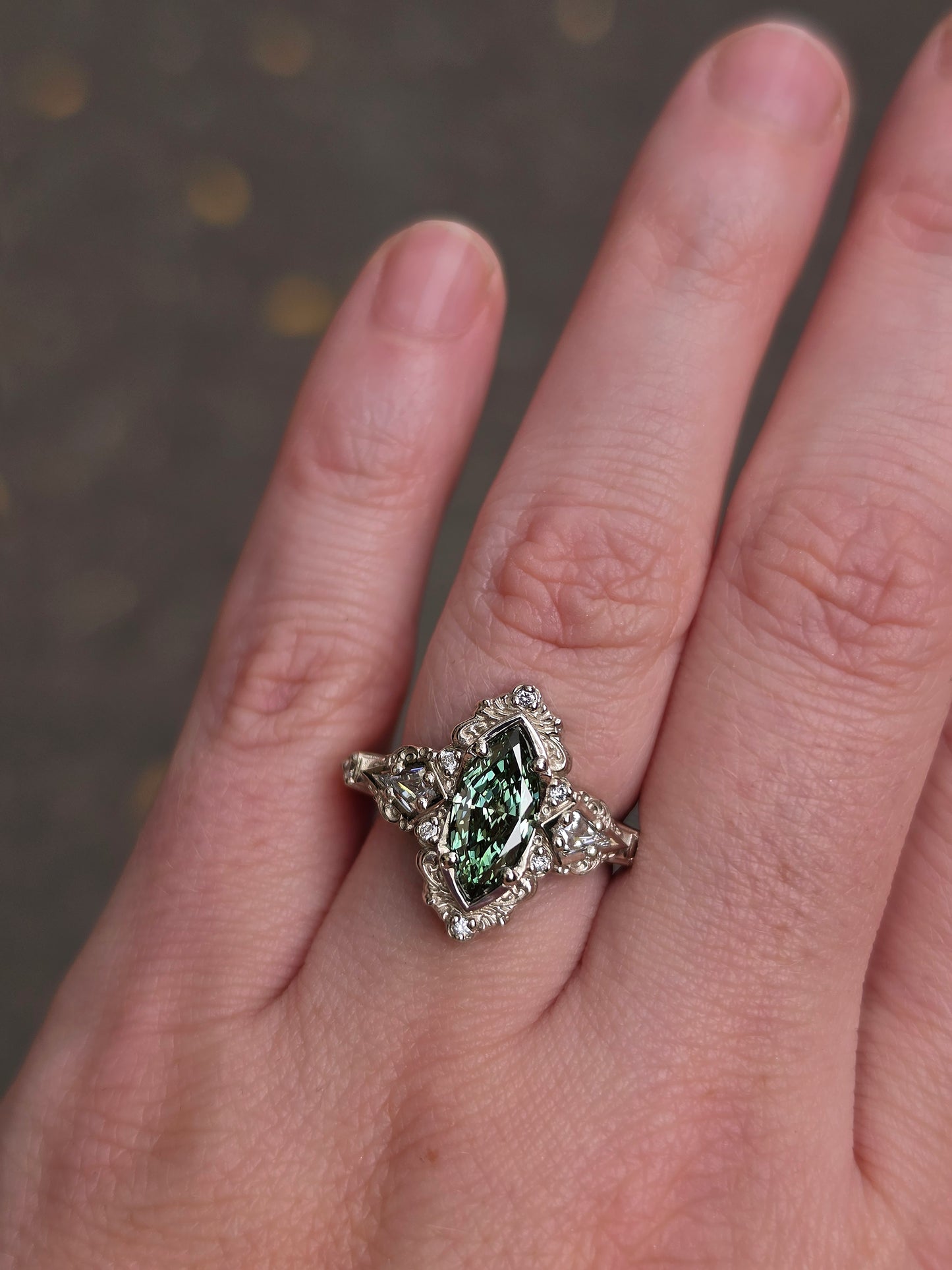 Ready to Ship Size 6-8 - Odessa Art Deco Engagement Ring with Green Marquise Diamond and Kite Side Stones - 14k Palladium White Gold