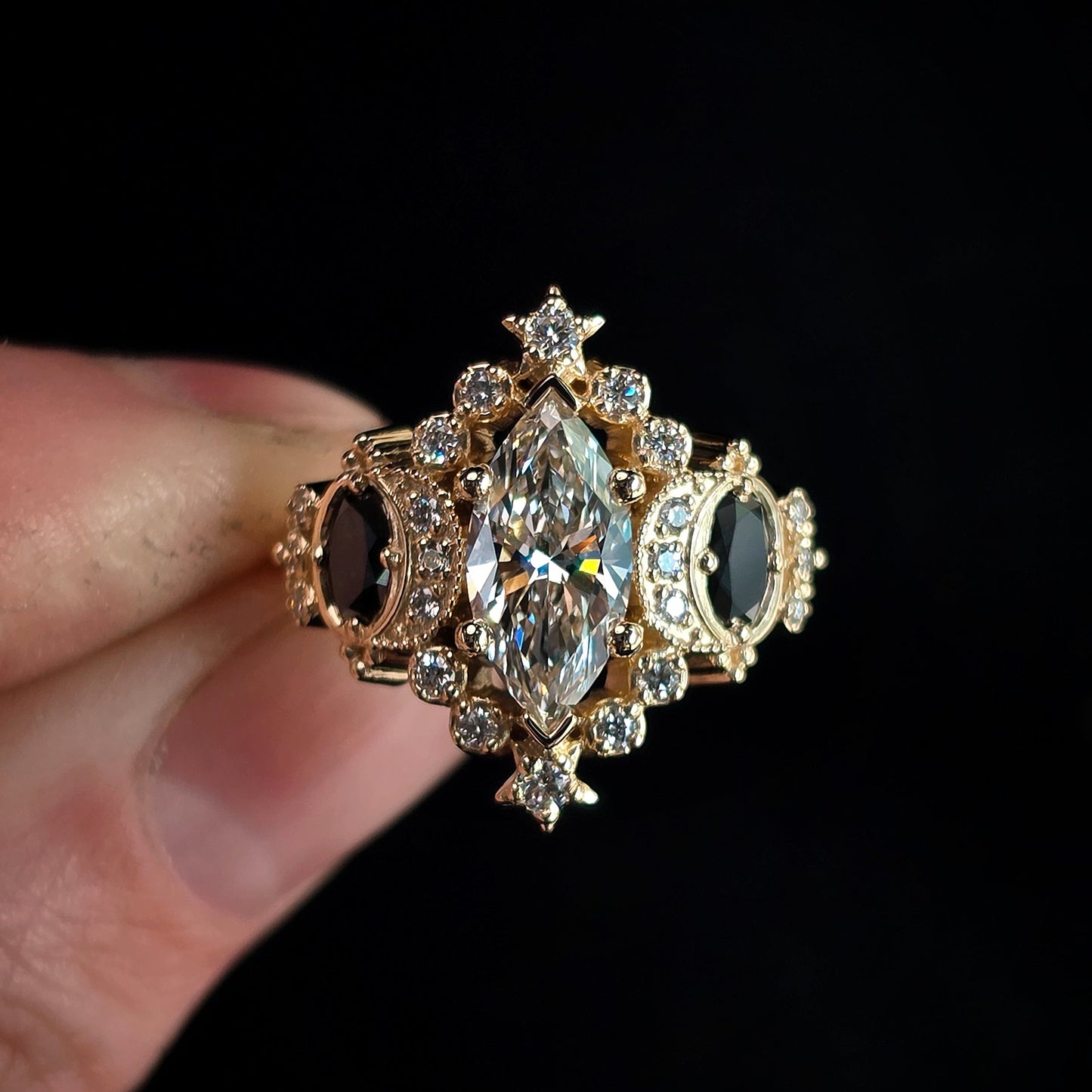 Sabrina Witchy Engagement Ring with Diamond Stars and Oval Side Gems 14k Gold