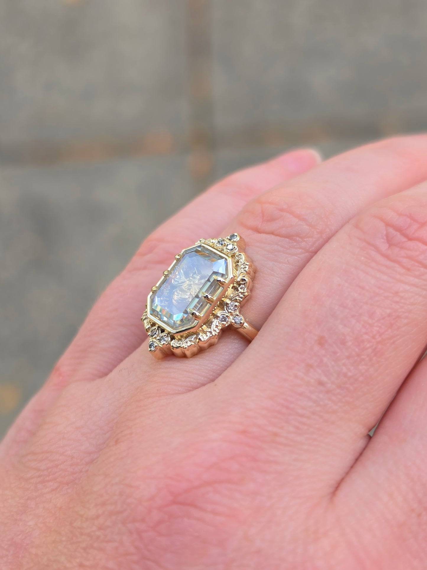 Honey Bee Shadowbox Ring with 14k Gold Scrolls and Diamonds - Nature Fine Jewelry