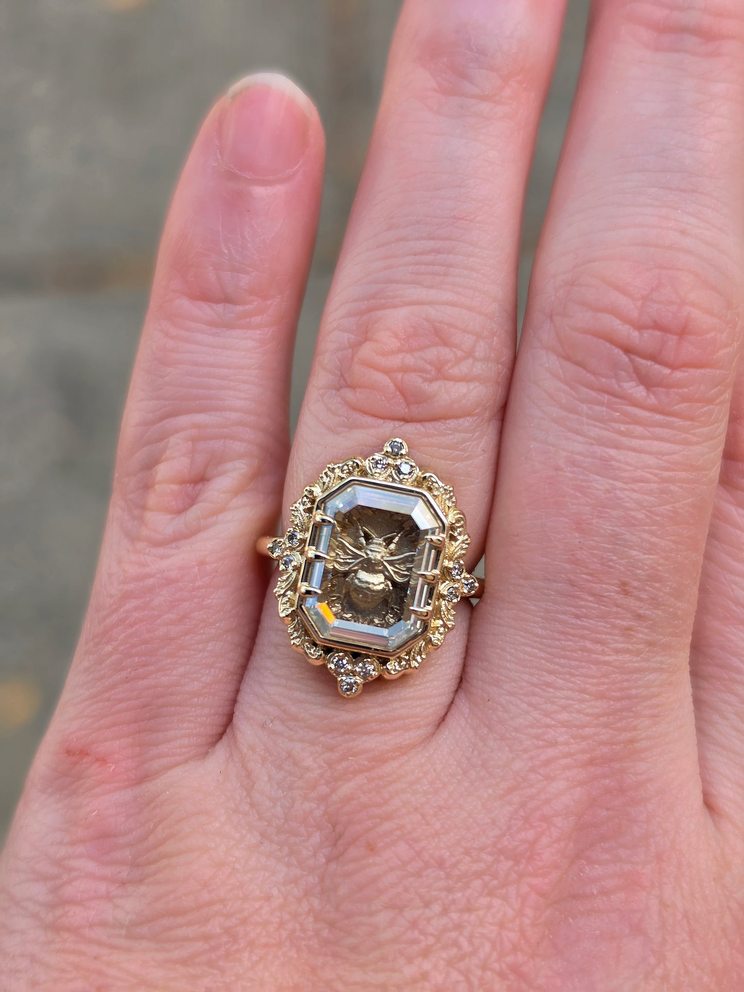 Honey Bee Shadowbox Ring with 14k Gold Scrolls and Diamonds - Nature Fine Jewelry