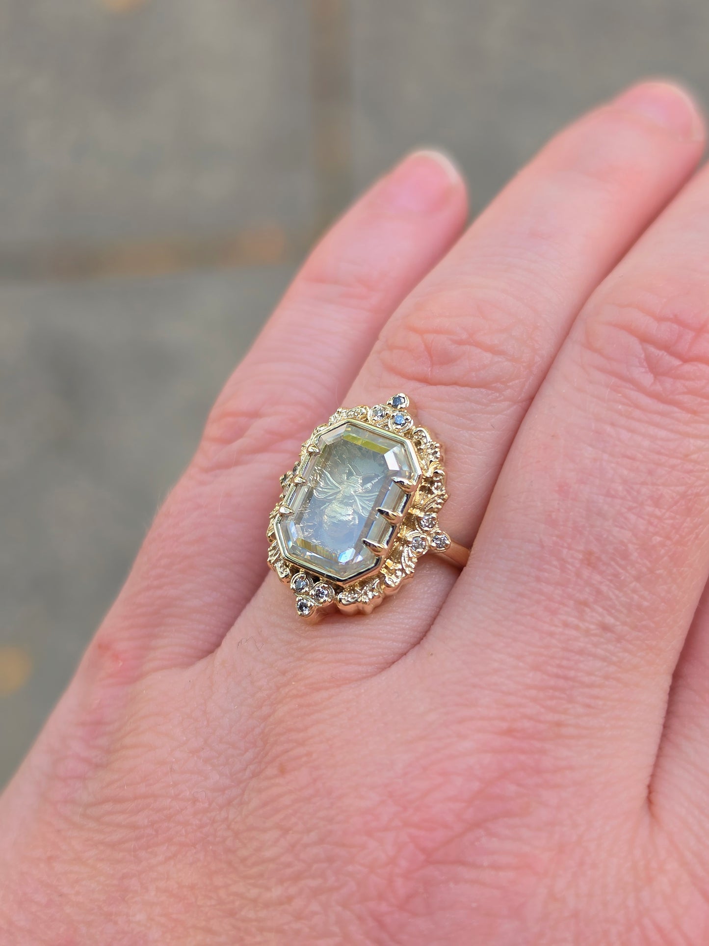 Honey Bee Shadowbox Ring with 14k Gold Scrolls and Diamonds - Nature Fine Jewelry
