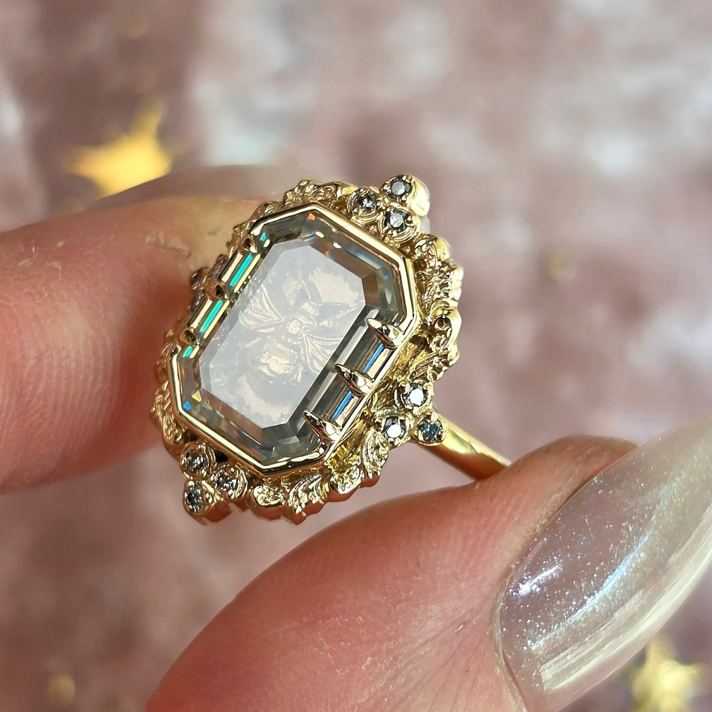 honey bee shadowbox ring by swankmetalsmithing with gold scrolls and champagne diamonds 14k gold  image 9