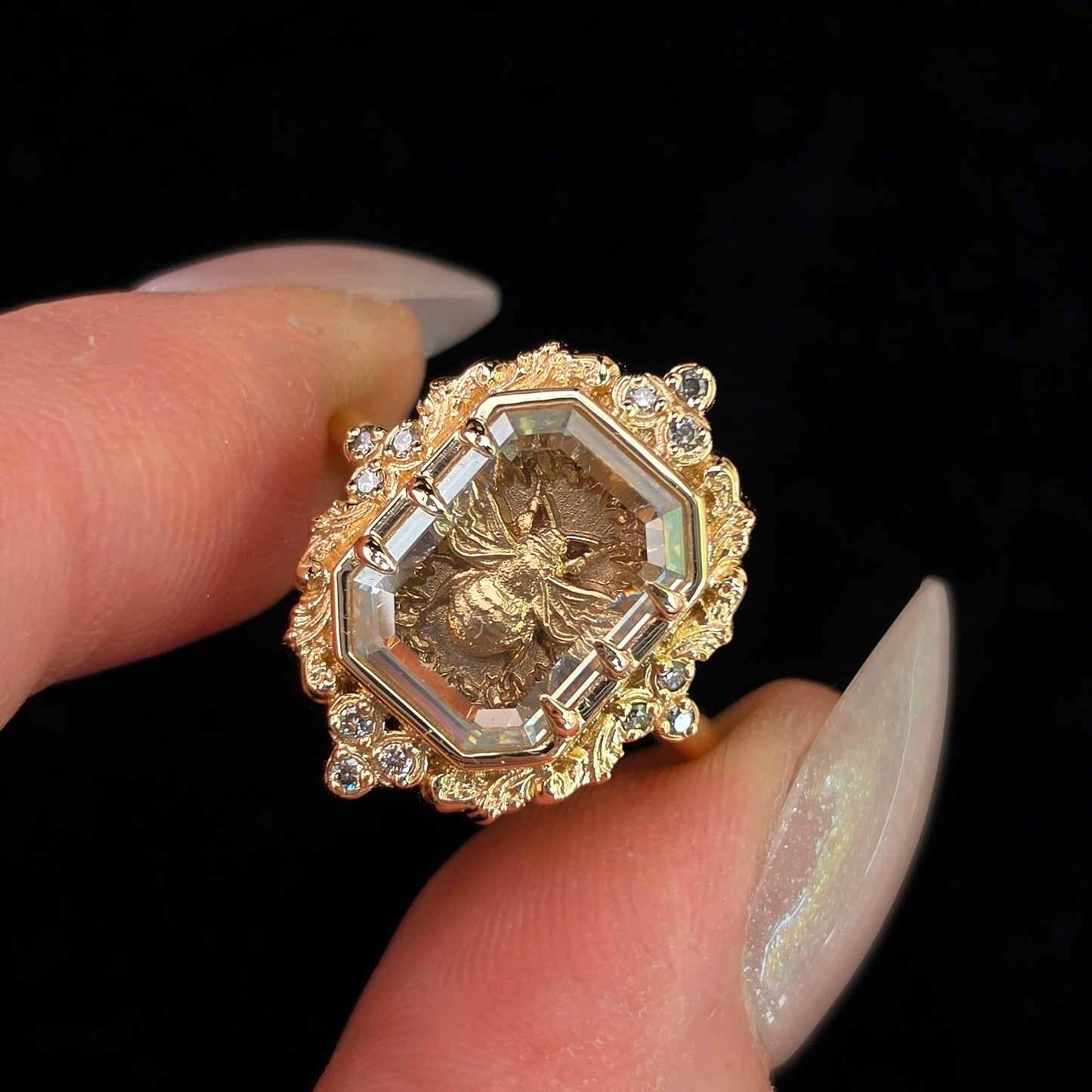 honey bee shadowbox ring by swankmetalsmithing with gold scrolls and champagne diamonds 14k gold  image 3