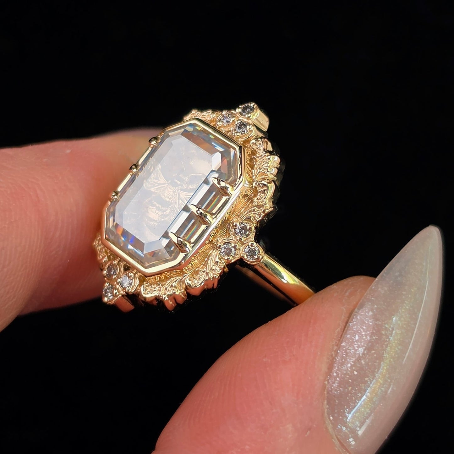 honey bee shadowbox ring by swankmetalsmithing with gold scrolls and champagne diamonds 14k gold  image 4