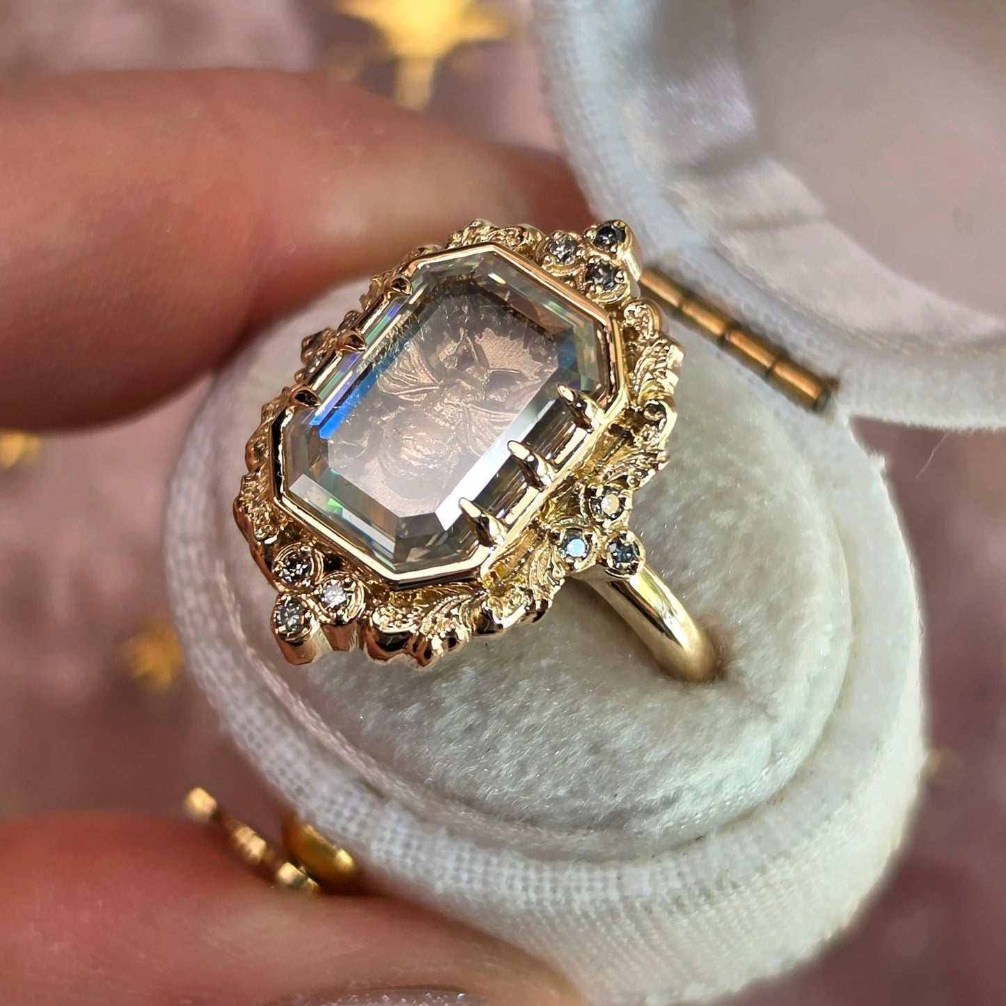 honey bee shadowbox ring by swankmetalsmithing with gold scrolls and champagne diamonds 14k gold  image 8