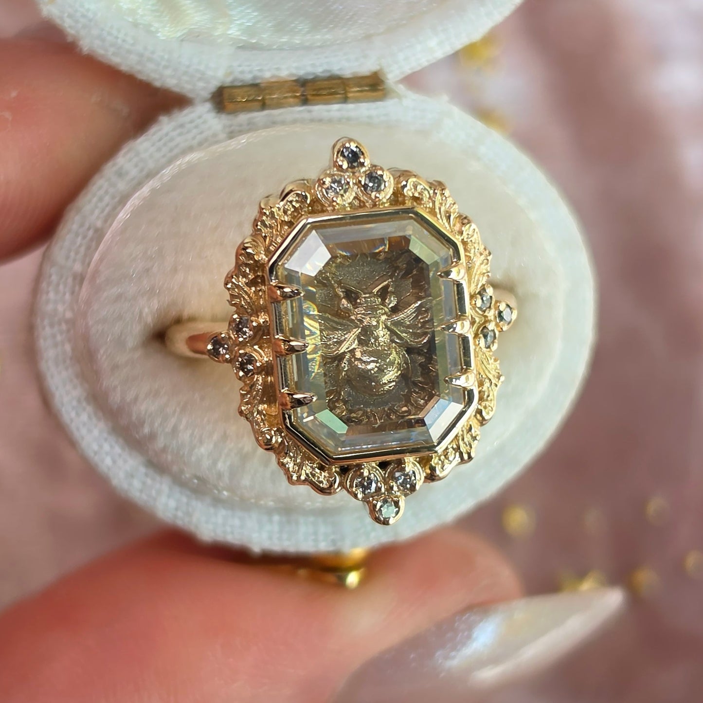 honey bee shadowbox ring by swankmetalsmithing with gold scrolls and champagne diamonds 14k gold  image 2