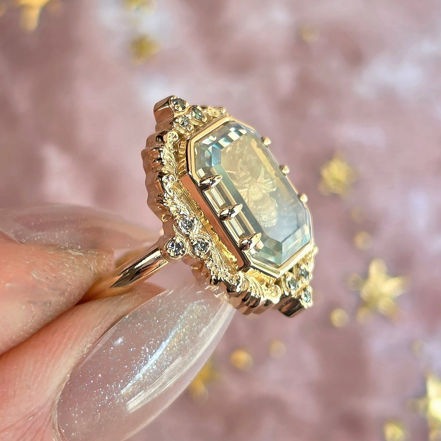honey bee shadowbox ring by swankmetalsmithing with gold scrolls and champagne diamonds 14k gold  image 6