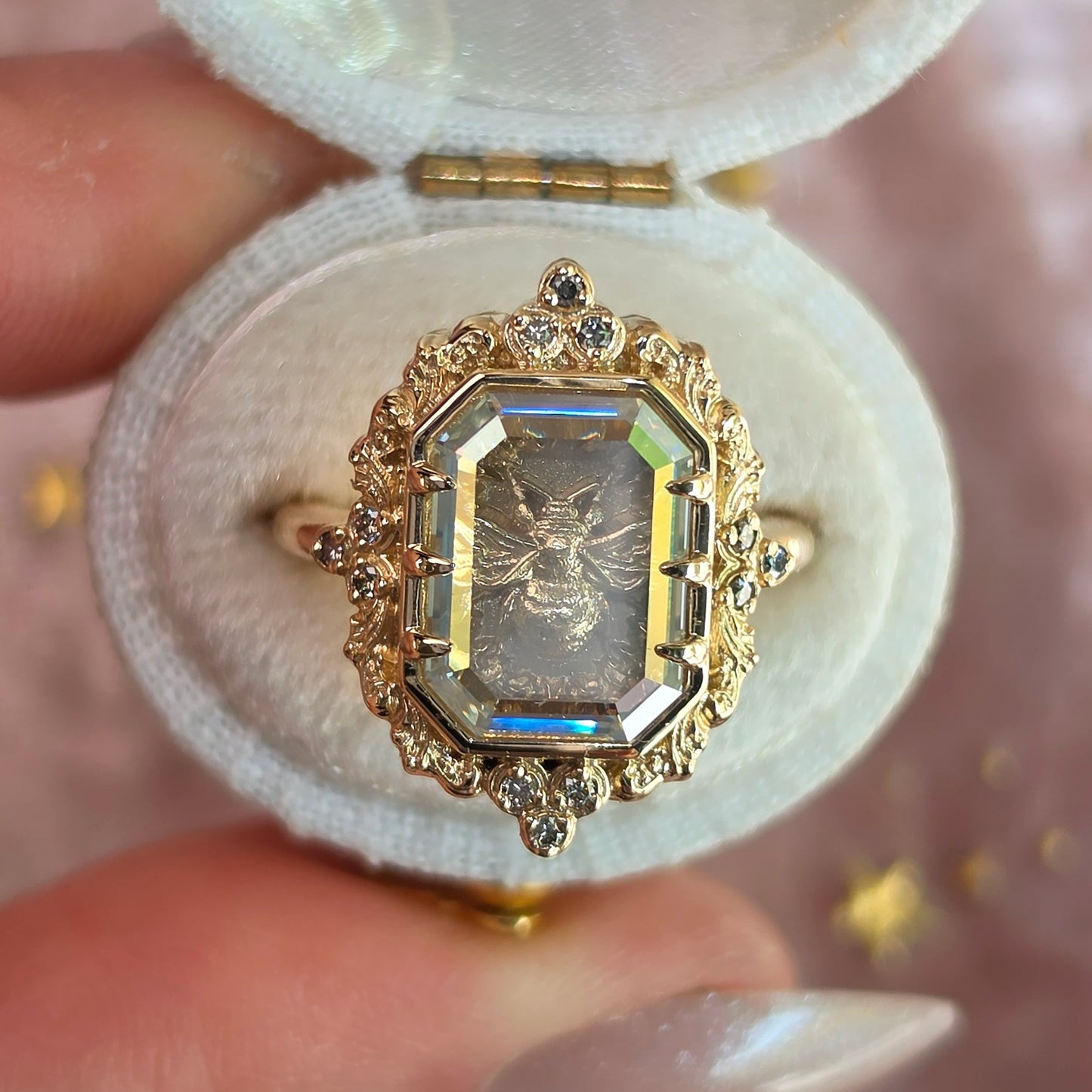 honey bee shadowbox ring by swankmetalsmithing with gold scrolls and champagne diamonds 14k gold  image 5