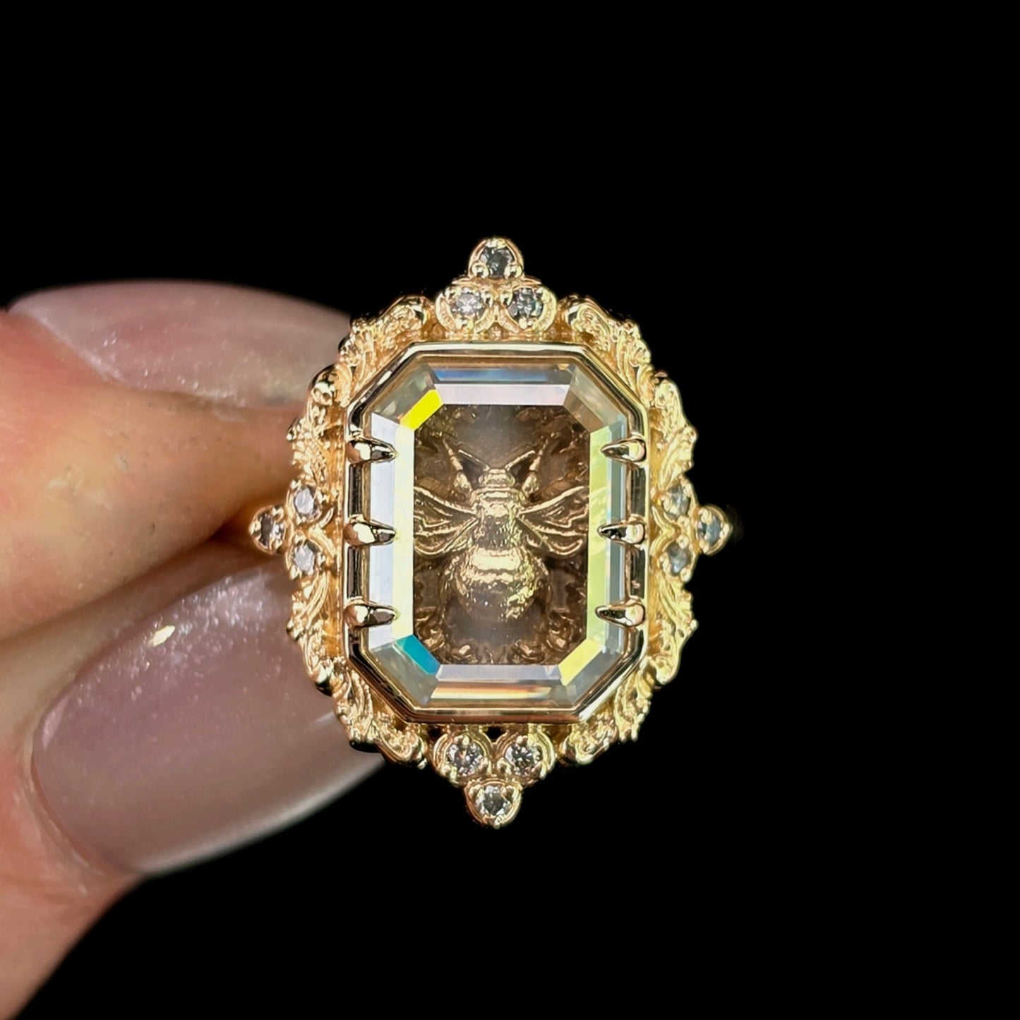 honey bee shadowbox ring by swankmetalsmithing with gold scrolls and champagne diamonds 14k gold  image 1