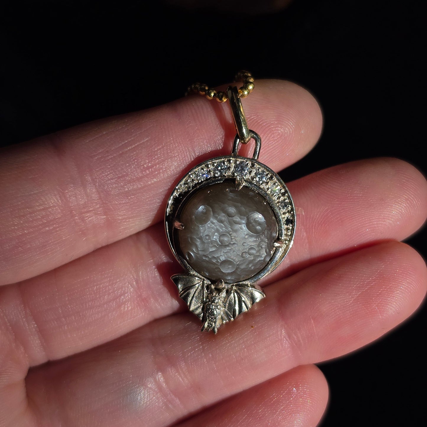 Ready to Ship Vampire Bat Carved Moon Moonstone and Diamond Pendant