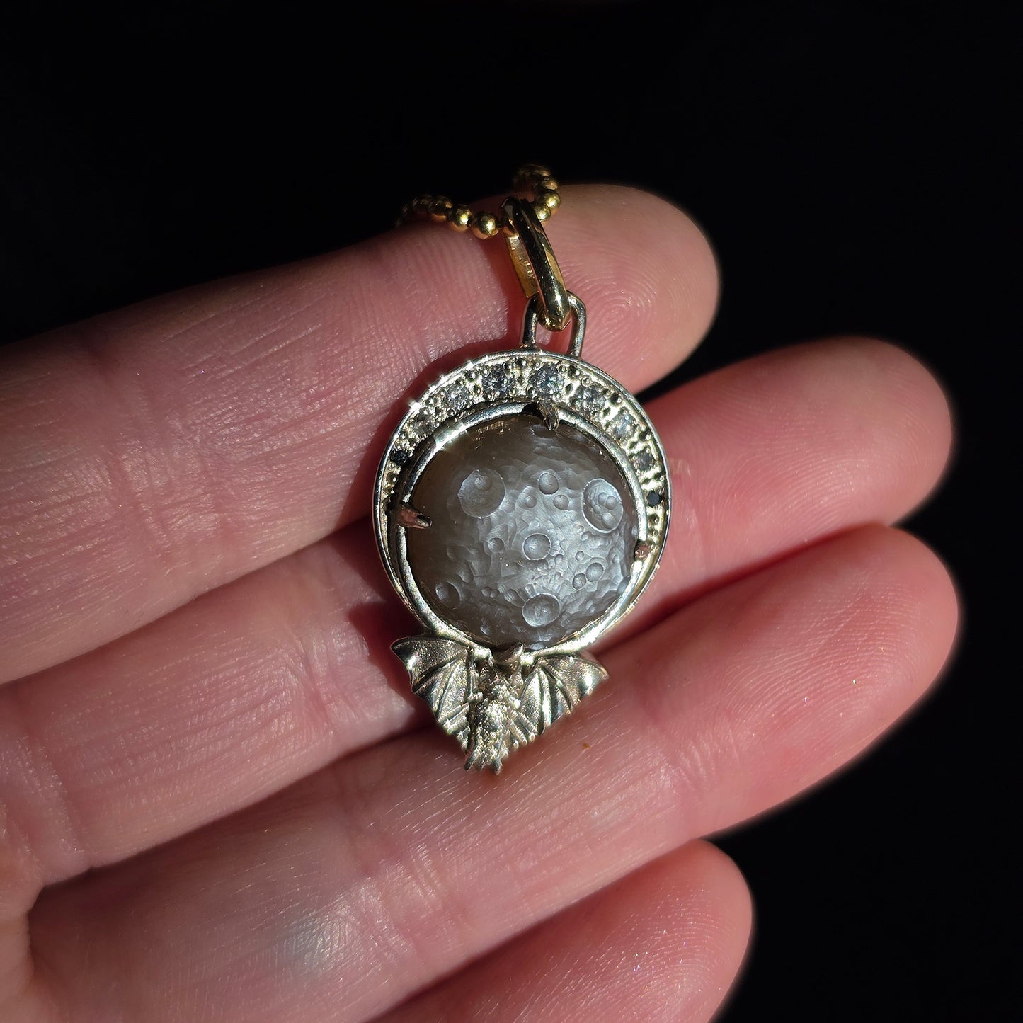Ready to Ship Vampire Bat Carved Moon Moonstone and Diamond Pendant