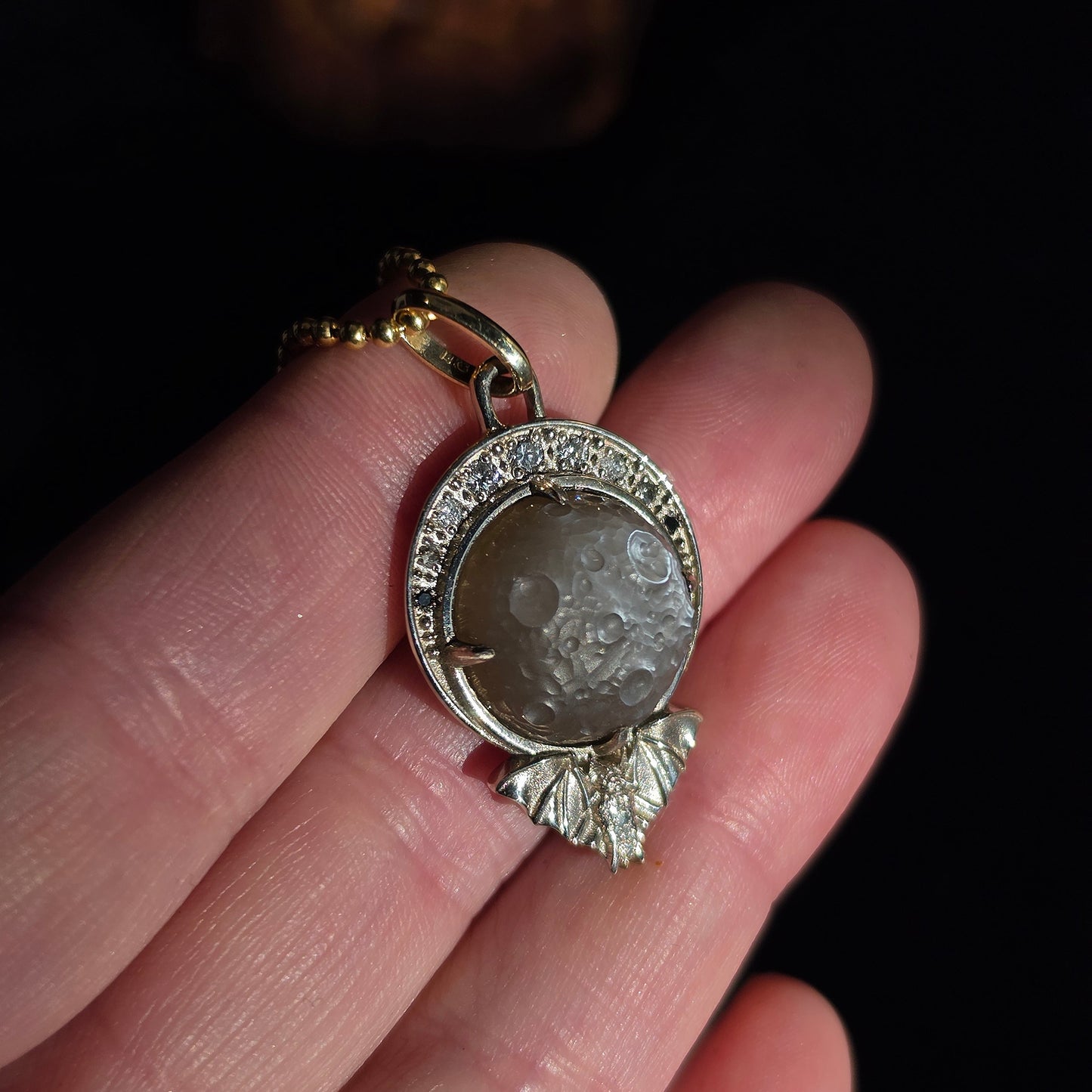 Ready to Ship Vampire Bat Carved Moon Moonstone and Diamond Pendant