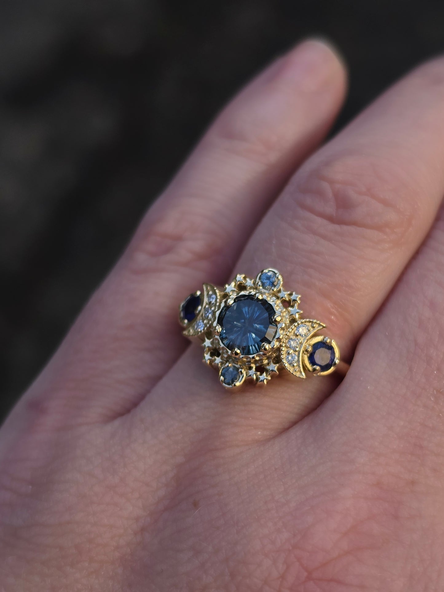 Ready to Ship Size 7-9 Cosmos with Fantasy Cut Blue Montana Sapphire 14k Yellow Gold