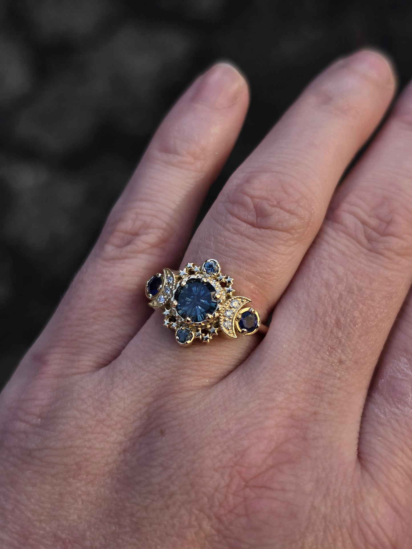 Ready to Ship Size 7-9 Cosmos with Fantasy Cut Blue Montana Sapphire 14k Yellow Gold