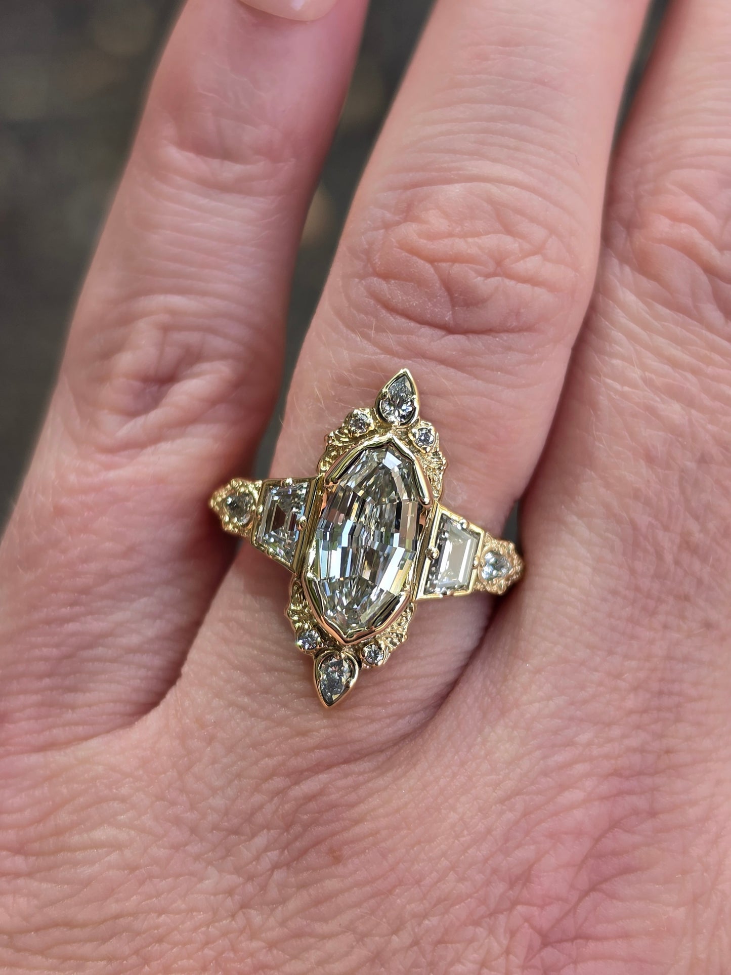 Mirror Ring with Trapezoid and Pear Diamond Sides