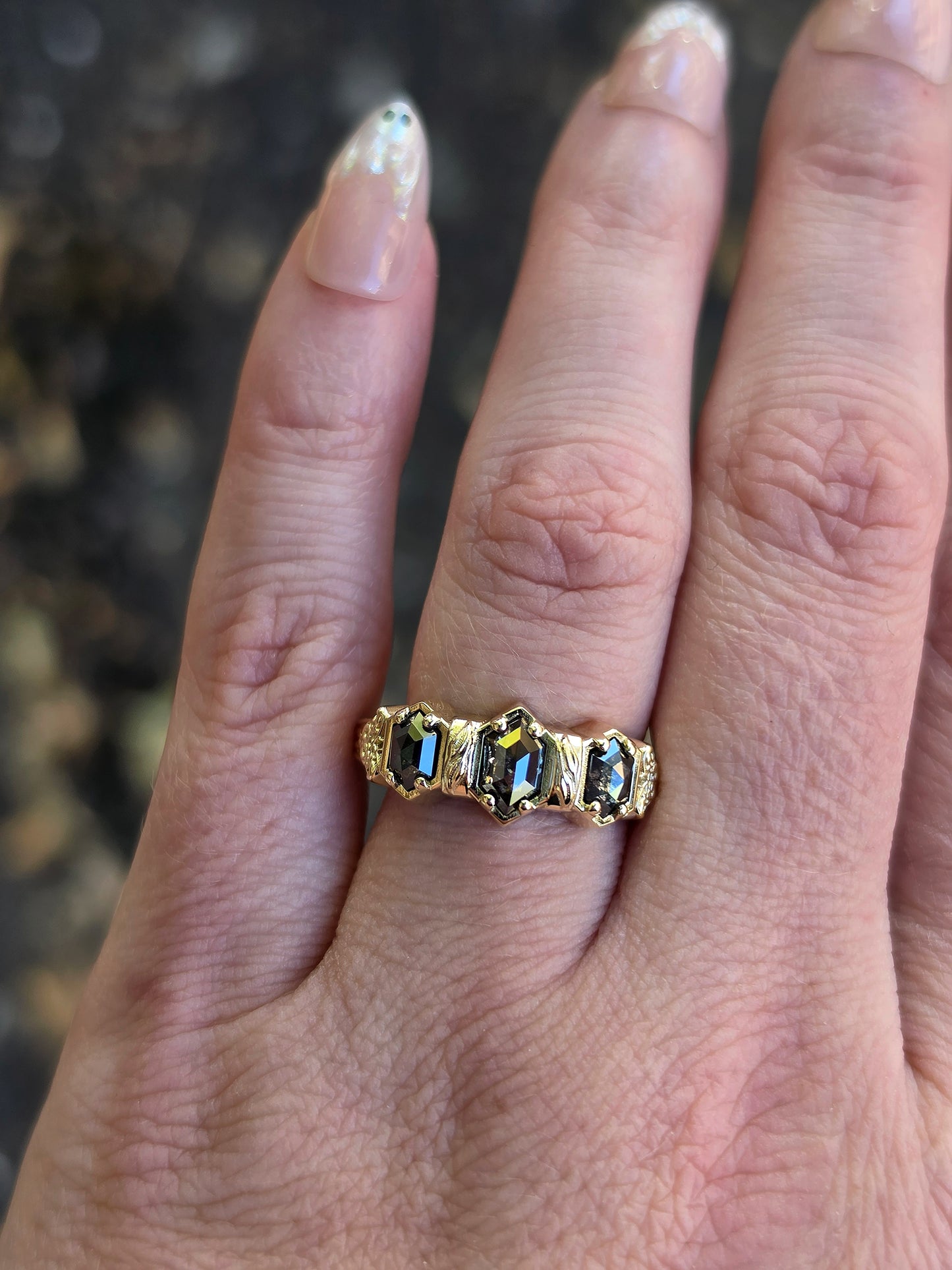 Ready to Ship Size 6-8 Witch Ring with Rose Cut Salt & Pepper Hexagon Diamonds