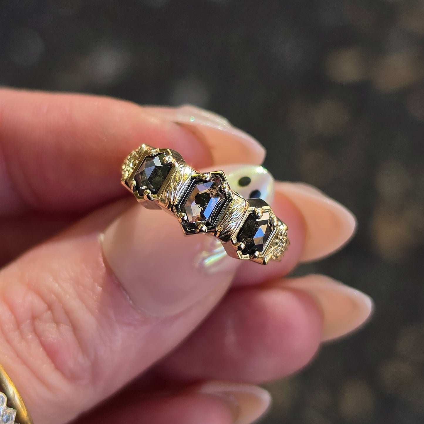 Ready to Ship Size 6-8 Witch Ring with Rose Cut Salt & Pepper Hexagon Diamonds