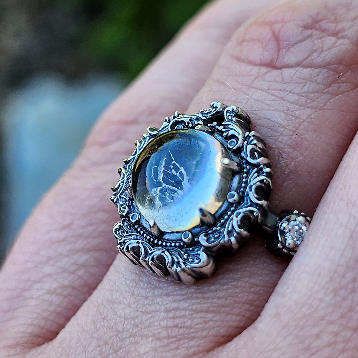 Butterfly Shadow Box Ring with Domed Quartz and Sterling Silver Baroque Frame - Diamond Side Band with Scrolls - Bug Jewelry