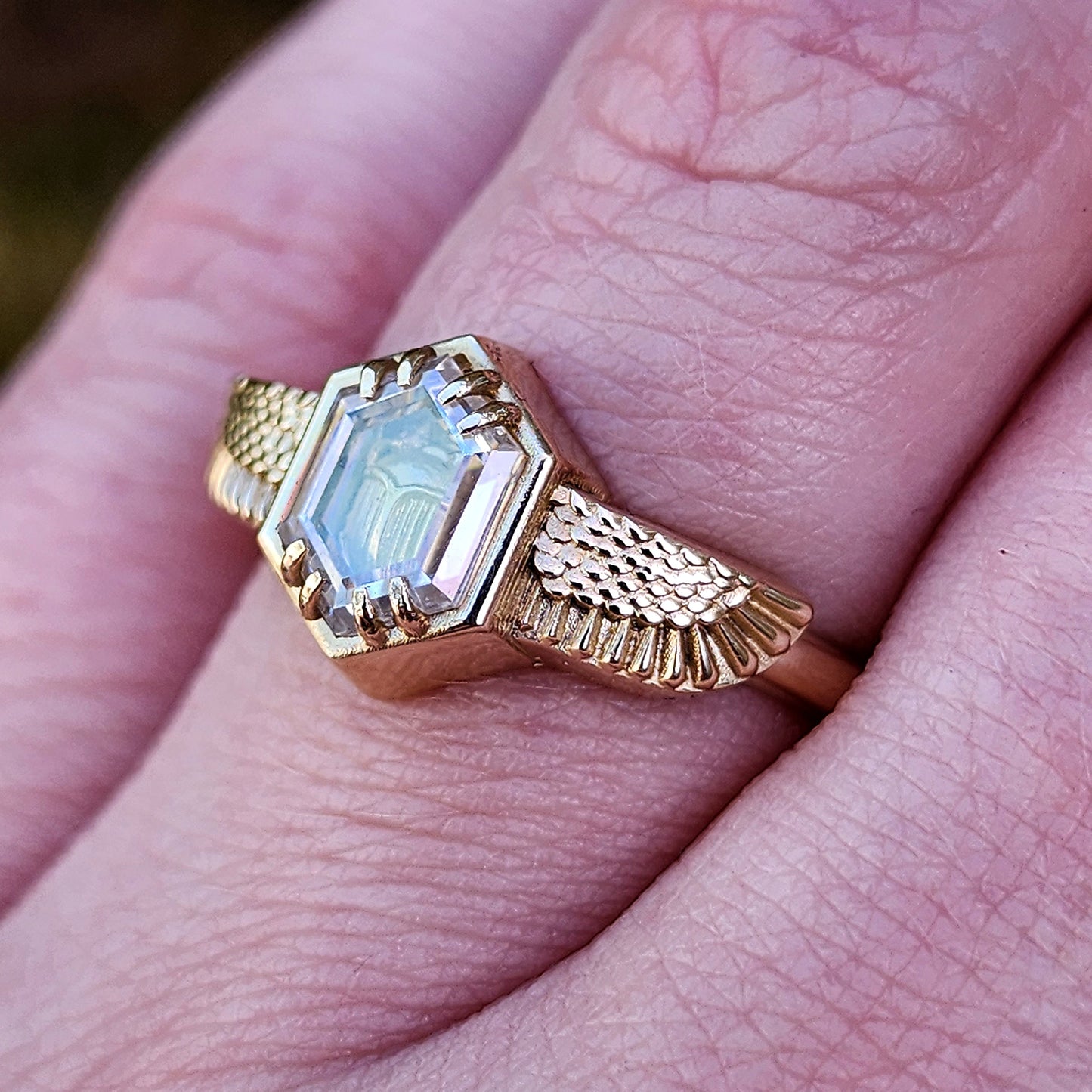 Ready to Ship Size 6 - 8 - Sun Scarab Wing Beetle Ring with Moissanite Window Pane - 14k Yellow Gold Egyptian Revival Ring