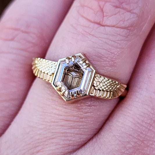 Ready to Ship Size 6 - 8 - Sun Scarab Wing Beetle Ring with Moissanite Window Pane - 14k Yellow Gold Egyptian Revival Ring