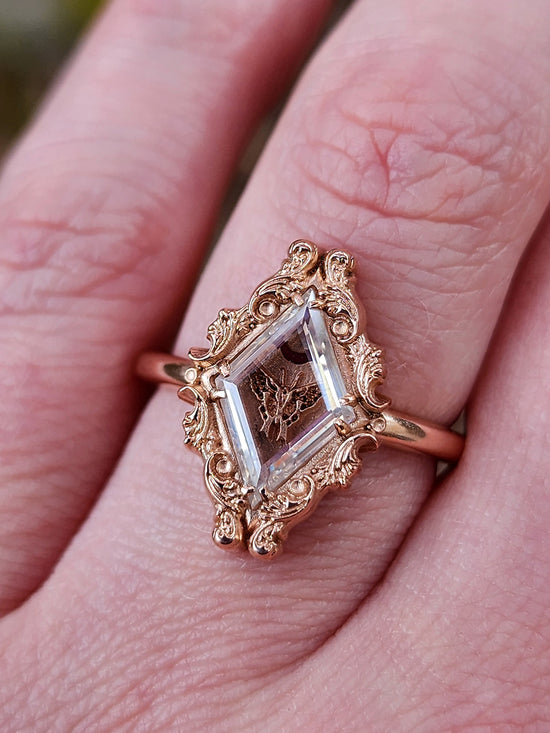 Swallowtail Butterfly Ring with Moissanite Window Pane and Open Crescent Moon - 14k Rose Gold, 14k Yellow Gold or 14k Palladium White Gold Victorian Shadowbox Inspired