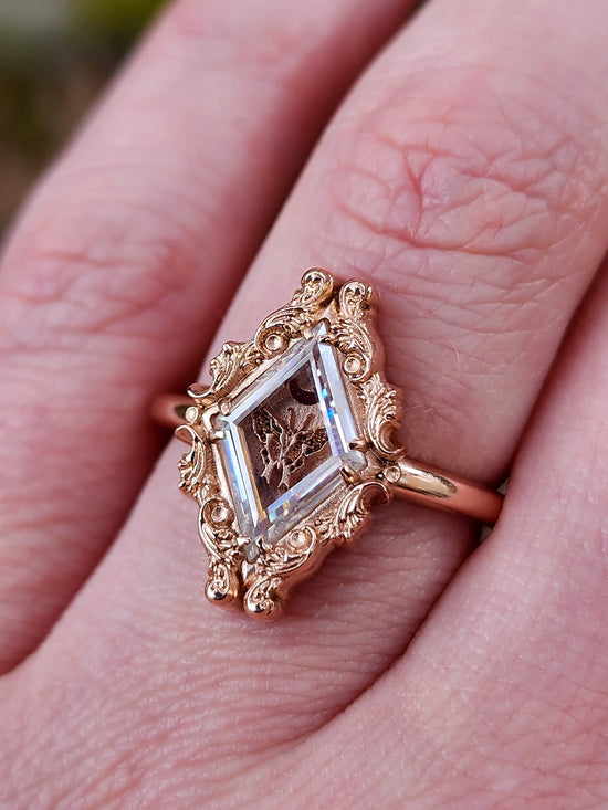 Swallowtail Butterfly Ring with Moissanite Window Pane and Open Crescent Moon - 14k Rose Gold, 14k Yellow Gold or 14k Palladium White Gold Victorian Shadowbox Inspired