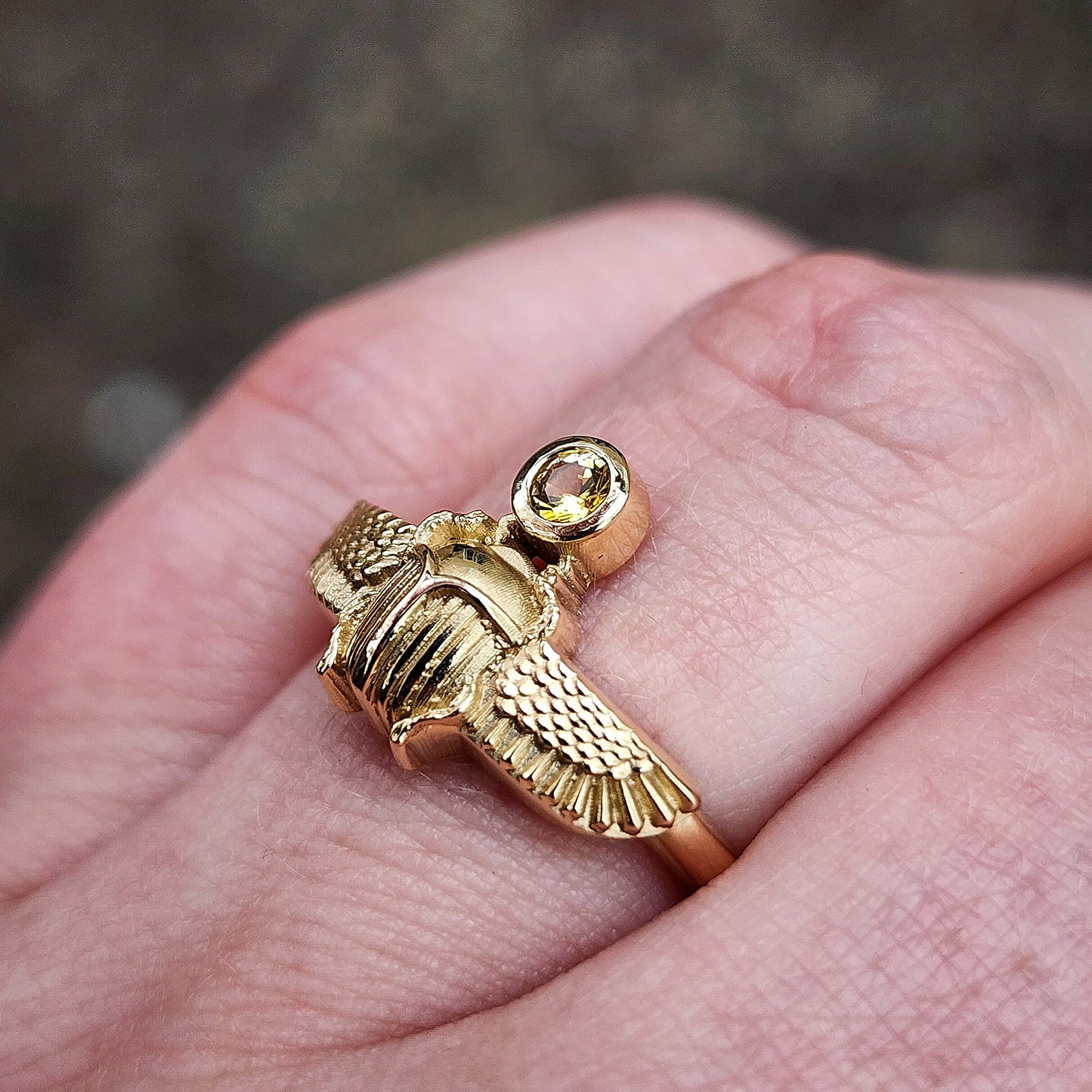 Load image into Gallery viewer, Ready to Ship Size 6-8 - Yellow Sapphire Winged Beetle Ring - Sun Scarab - 14k Yellow Gold or Sterling Silver Egyptian Ring Fine Bug Jewelry
