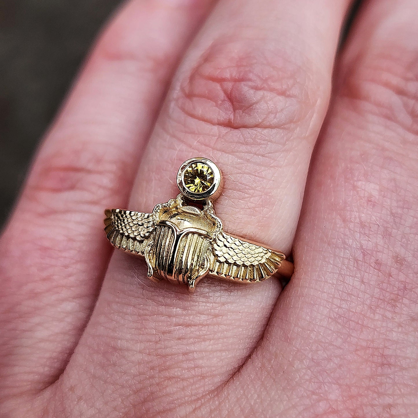 Load image into Gallery viewer, Ready to Ship Size 6-8 - Yellow Sapphire Winged Beetle Ring - Sun Scarab - 14k Yellow Gold or Sterling Silver Egyptian Ring Fine Bug Jewelry
