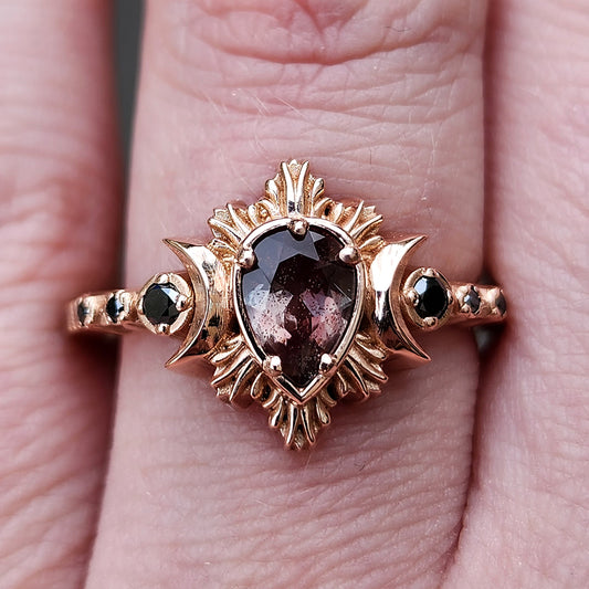 Ready to Ship Size 7-9 - Pear Oregon Sunstone Moon Fire Unique Engagement Ring - Witch Crescent Moon Ring - 14k Rose Gold