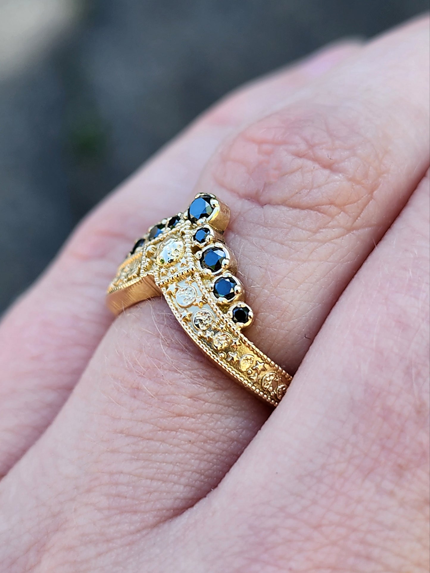 Ready to Ship Size 6-8 - Black Diamond Luna Diadem Chevron Wedding Band with Moon Phases and Full Moon and Stardust - Stacking Celestial Unique Gold Ring