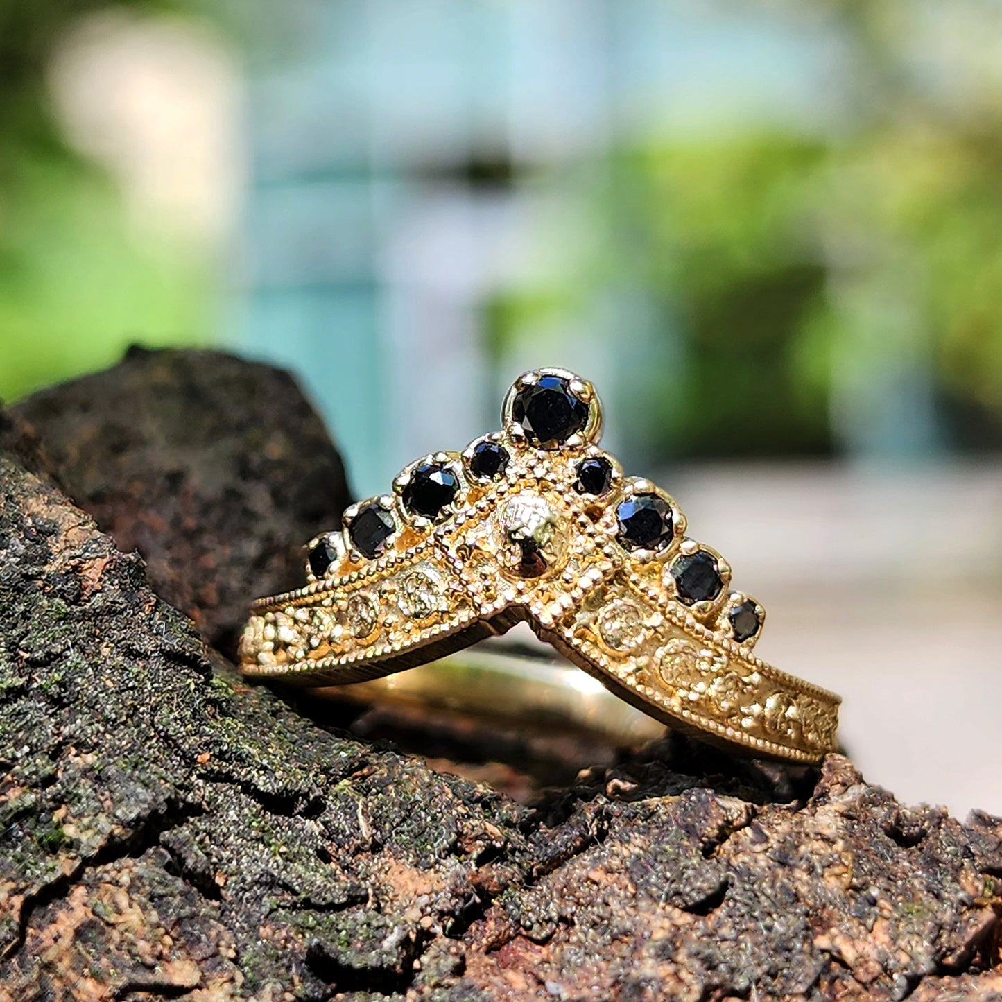 Ready to Ship Size 6-8 - Black Diamond Luna Diadem Chevron Wedding Band with Moon Phases and Full Moon and Stardust - Stacking Celestial Unique Gold Ring