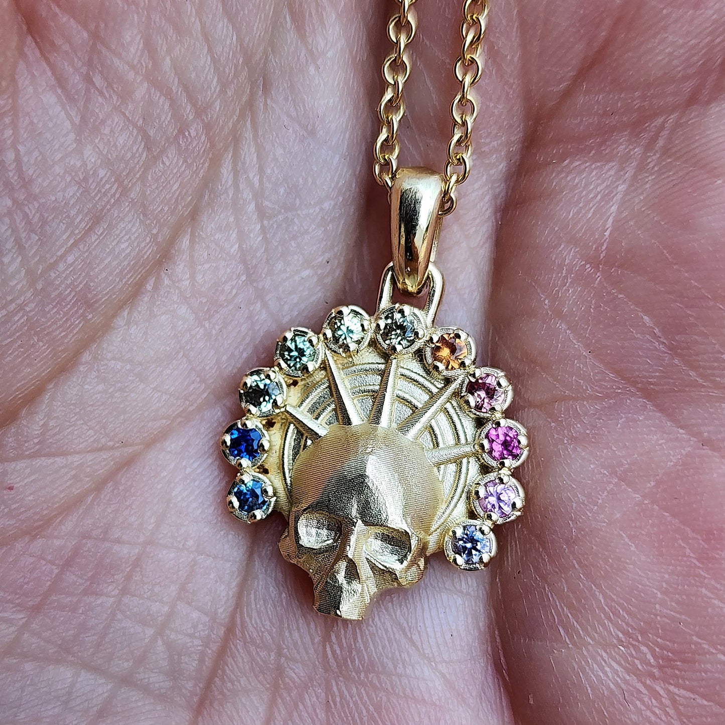 Rainbow Aura Angel Pendant - Catacomb Memento Mori Gold Skull Necklace with Natural Sapphires - Gothic Fine Jewelry