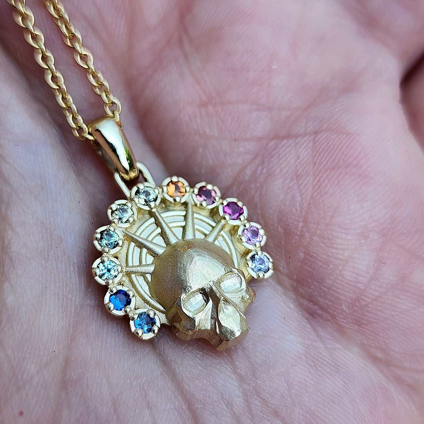 Rainbow Aura Angel Pendant - Catacomb Memento Mori Gold Skull Necklace with Natural Sapphires - Gothic Fine Jewelry