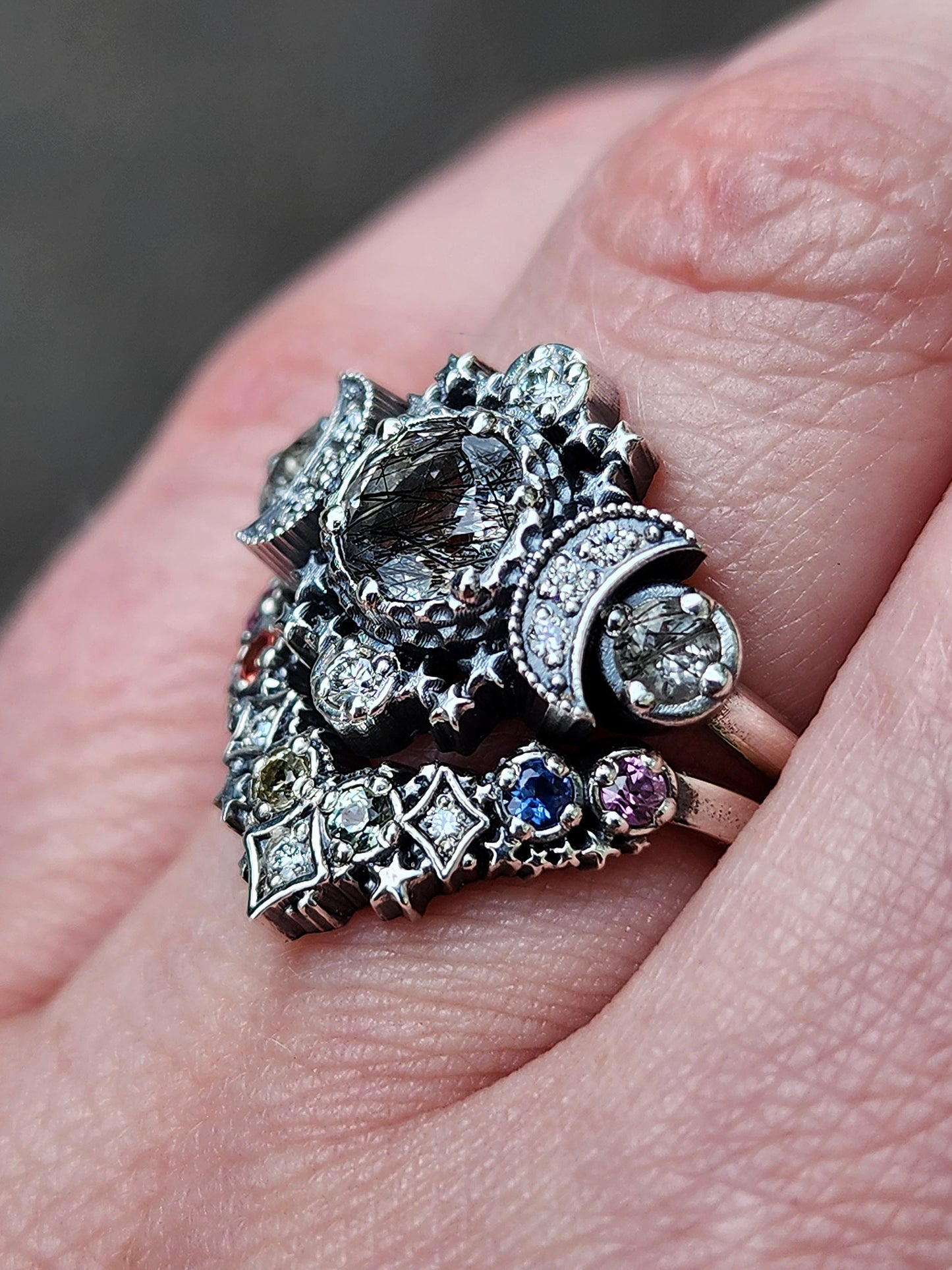 Black Tourmalated Rutile Quartz Cosmos & Rainbow Sapphire Stardust Chevron Engagement Ring Set - Sterling Silver