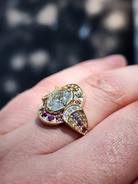 Load image into Gallery viewer, Spectrum Moon Ring with Lab Diamond Oval Natural Rainbow Sapphire Halo and Gold Stardust - Modern Bohemian Eclectic Celestial Engagemet Ring - Pick your Lab Diamond or Moissanite Center Stone
